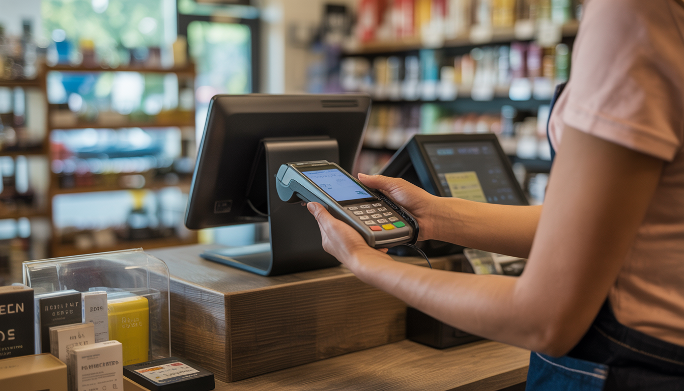 A cashier in a small retail store processing a payment using a handheld mobile POS terminal with shelves of products visible in the background.