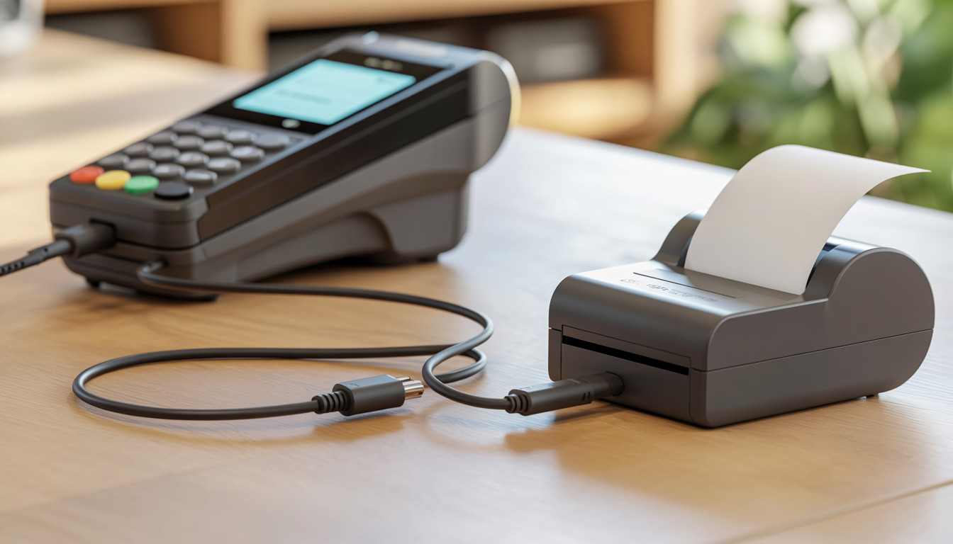 USB to Serial cable connecting a POS terminal to a receipt printer in a retail store.