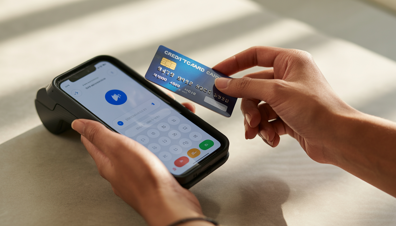 Close-up of a mobile device processing a credit card payment with a hand tapping a card.