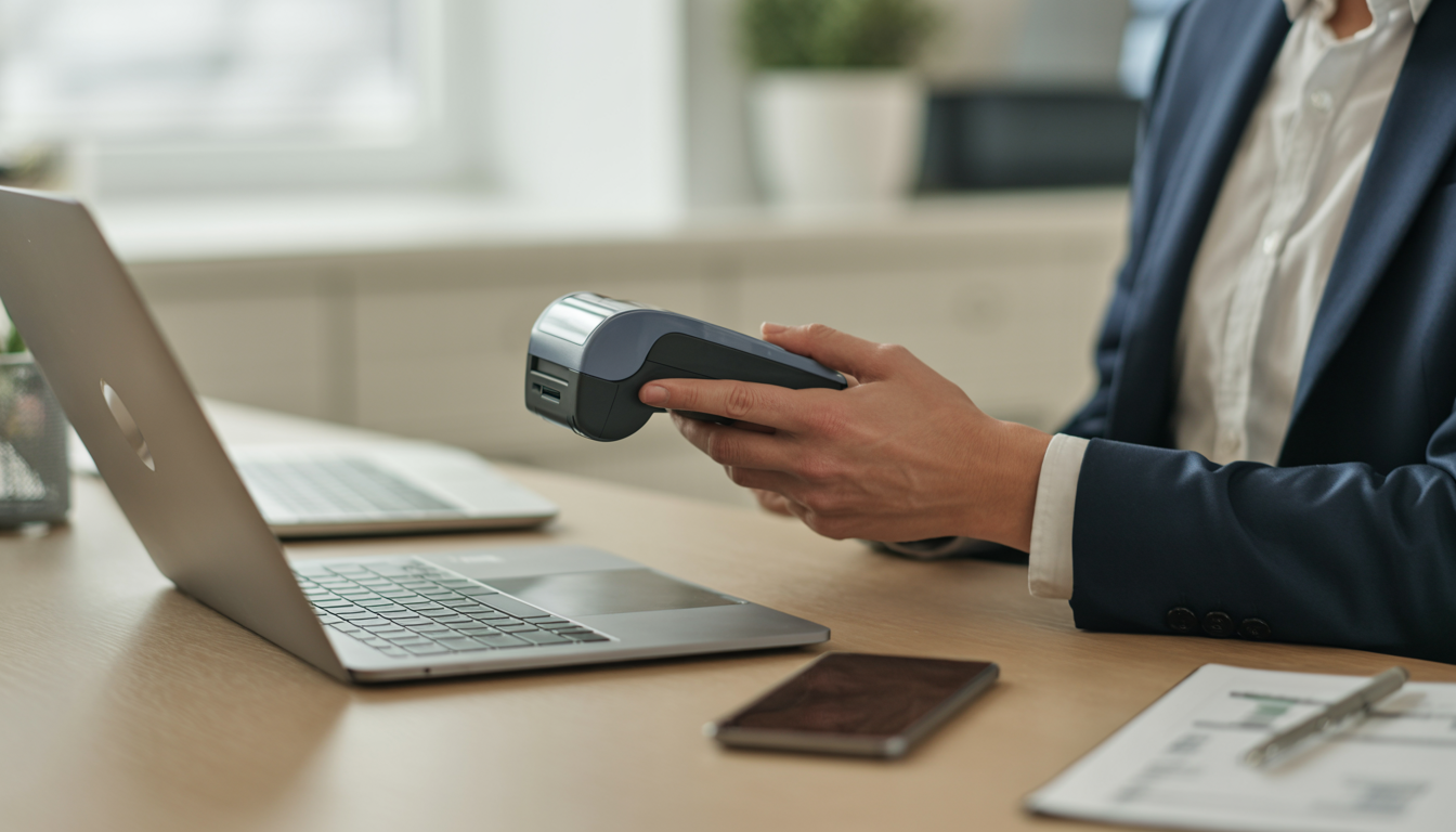 A business professional using a payment terminal with a laptop in an office, highlighting the integration of payment technology in a workspace.