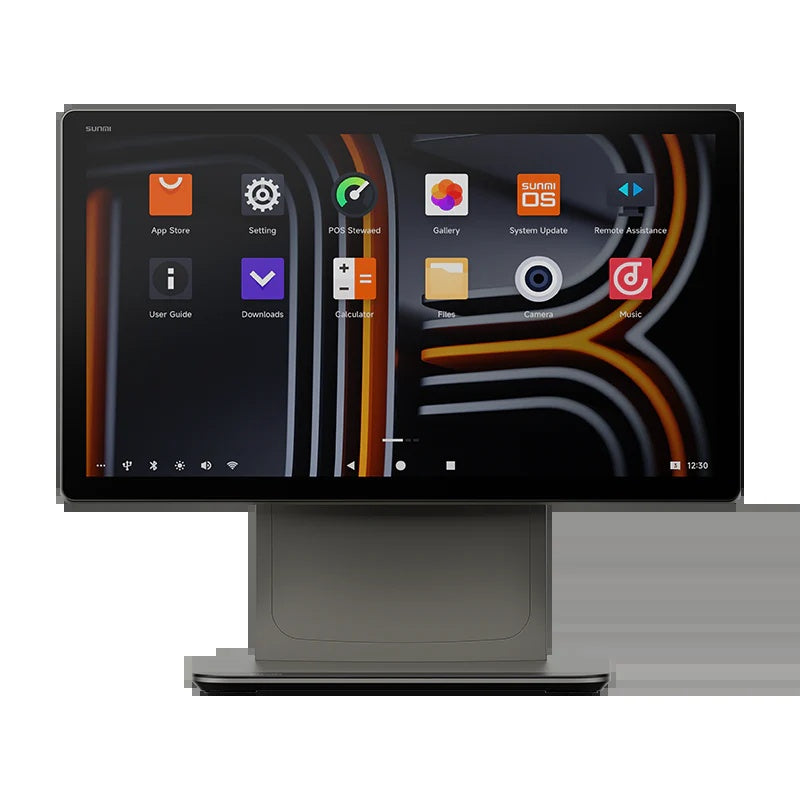 A professional arrangement of various payment devices and accessories in a modern setting, including credit card terminals, PIN pads, and POS accessories, in a sleek blue, gray, and white color palette.