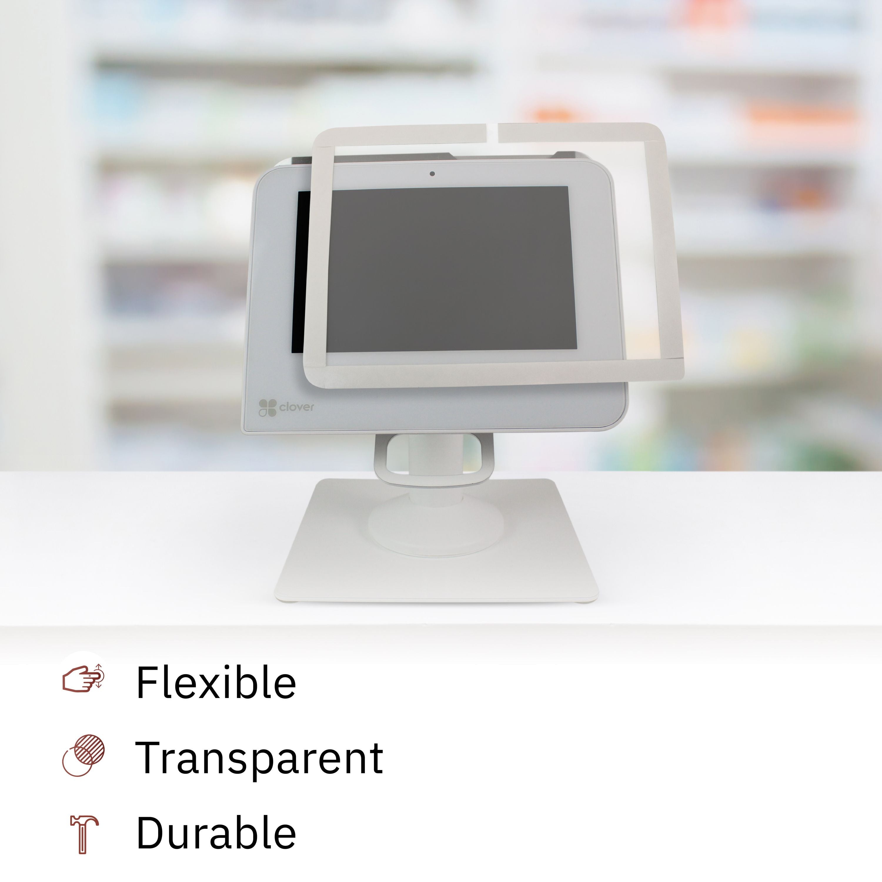 Modern Clover Mini point-of-sale system setup with a screen protector in a sleek retail environment.