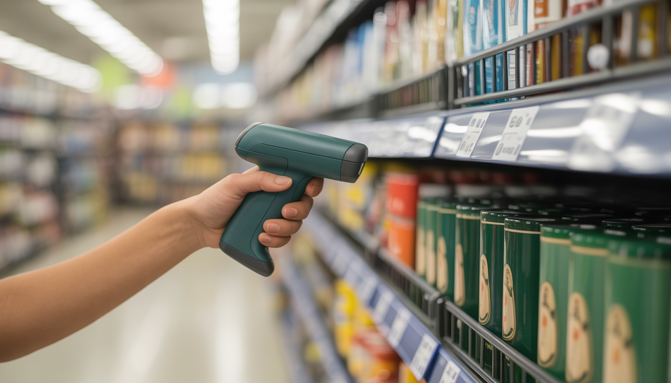 Retail employee scanning a product on a shelf with a handheld barcode scanner in a well-lit store.