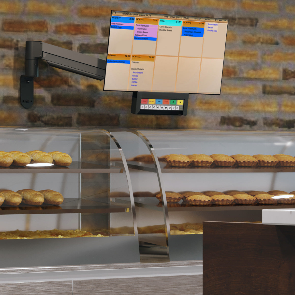 A modern retail environment featuring a sleek, wall-mounted tablet POS system with integrated credit card terminals and barcode scanners, set in a professional blue and gray color palette.
