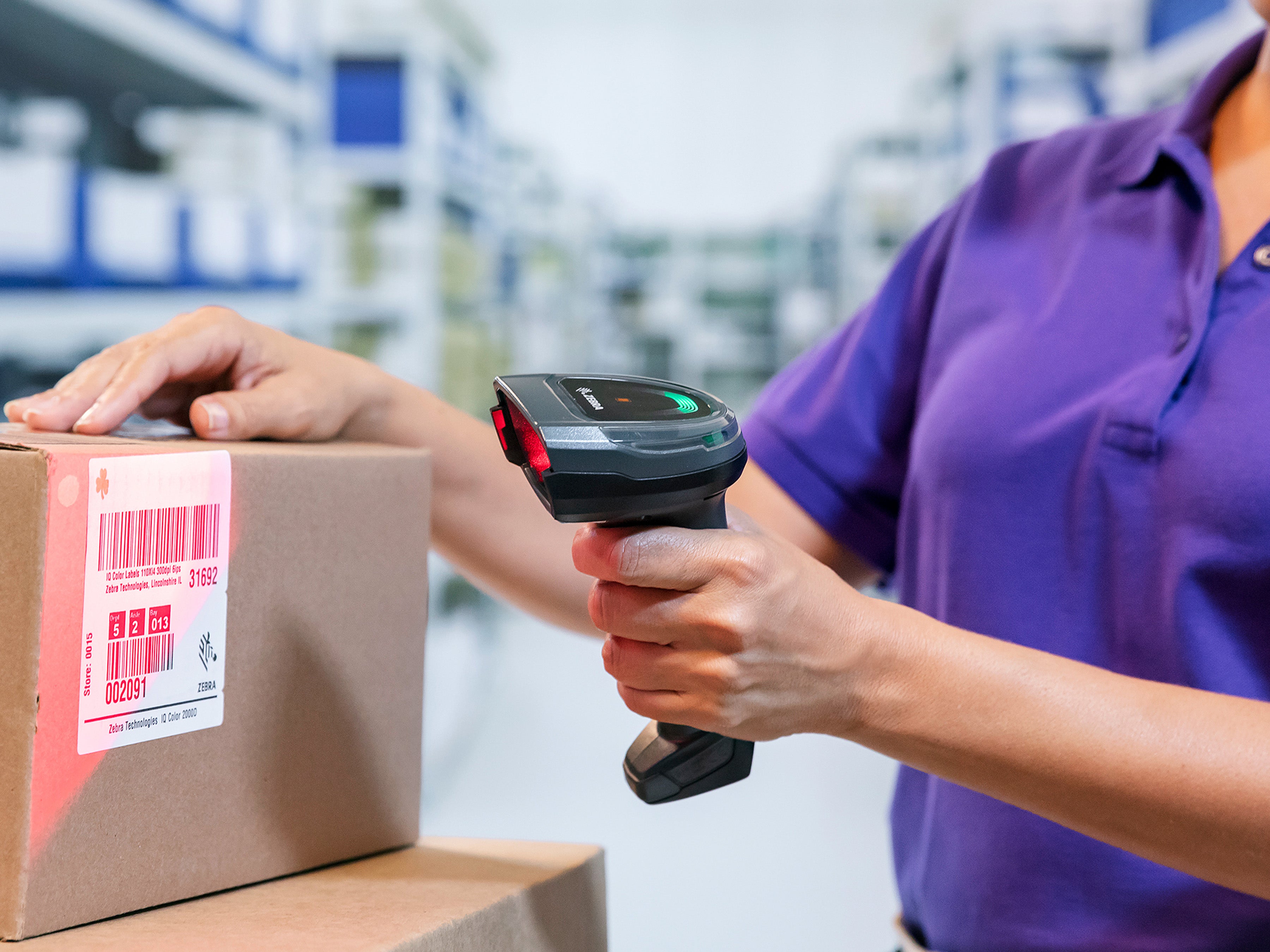 Futuristic retail setting with a Zebra barcode scanner and various POS equipment showcasing business efficiency and technology integration.