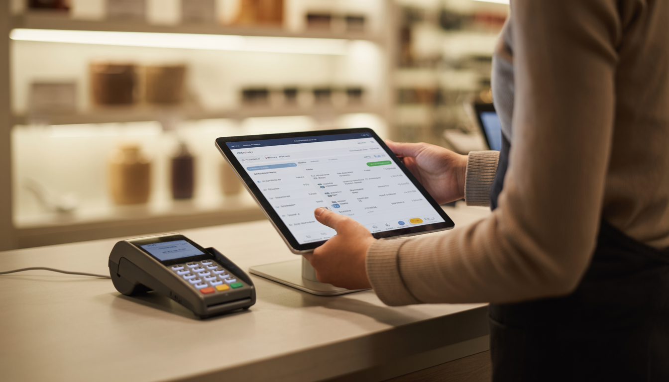 A merchant using a tablet to review transaction reports, with a credit card terminal on a counter in a softly lit retail store.