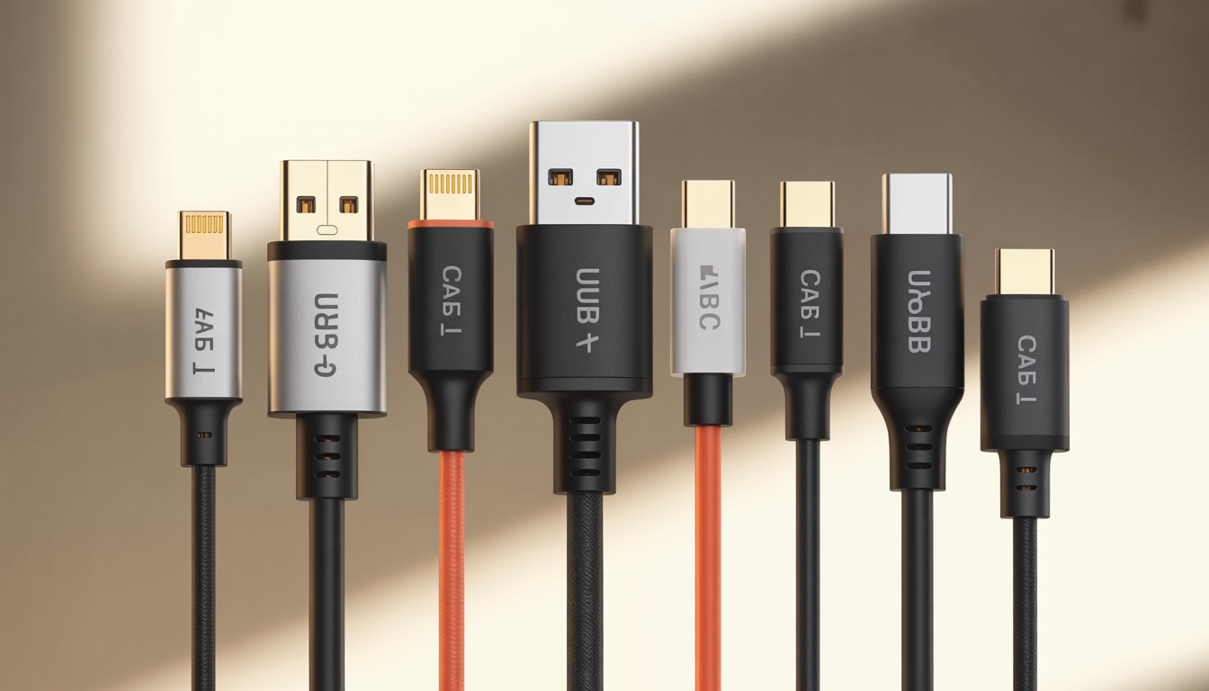 Different types of USB cables - Type-A, Type-B, and Type-C - on a neutral background, each labeled for identification.
