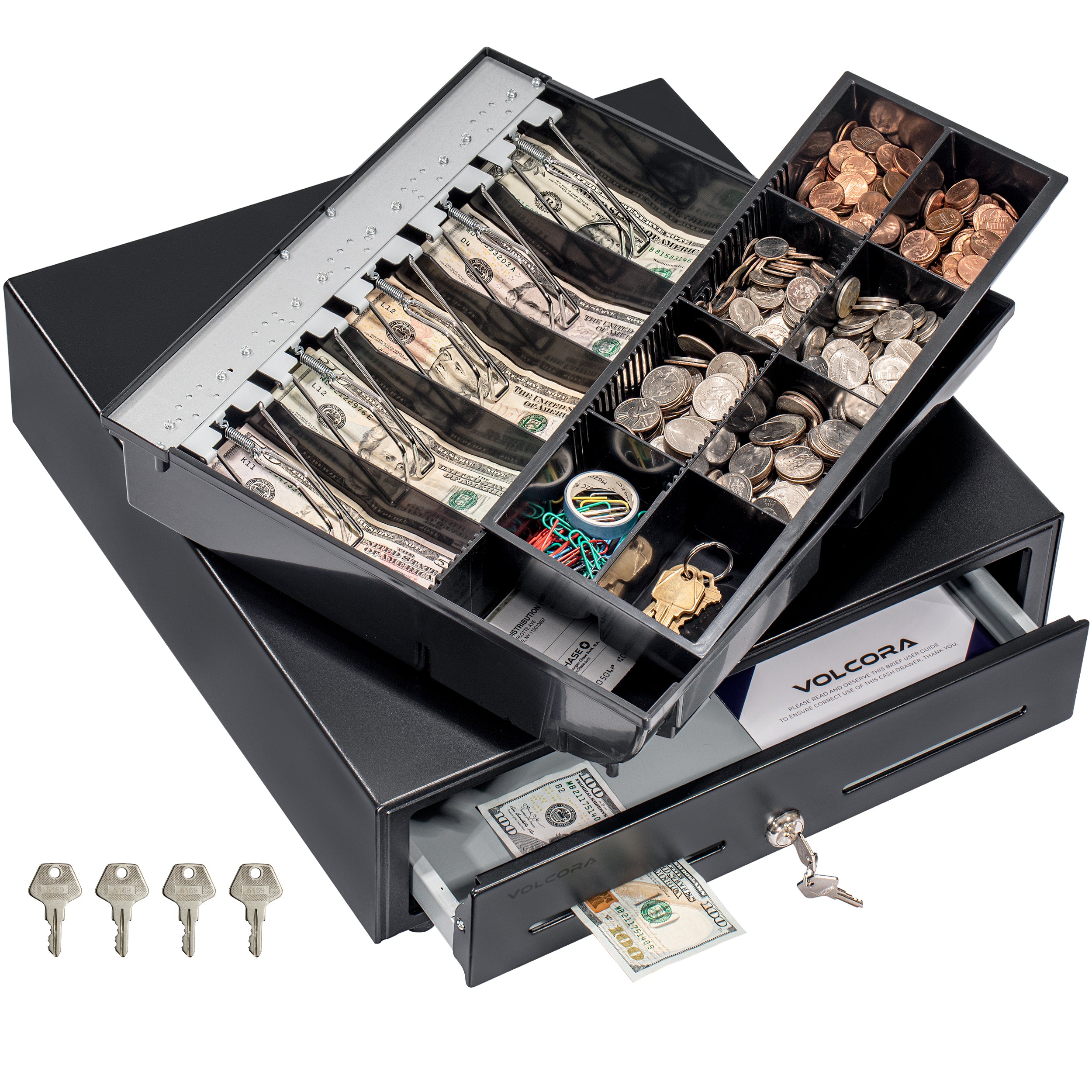 Volcora 16" Automatic Open Cash Drawer with Fully Removable 2 Tier Cash Tray