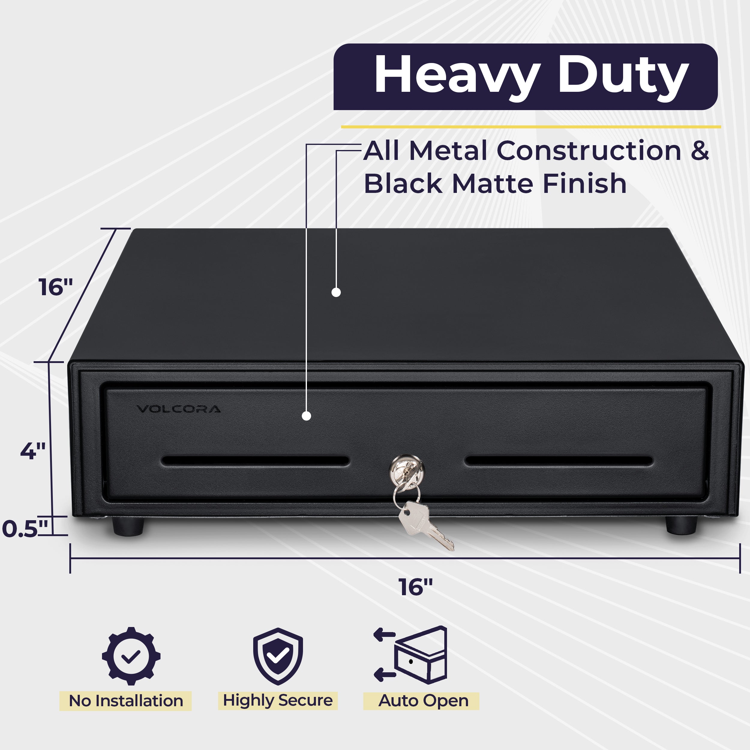 Volcora 16" Automatic Open Cash Drawer with Fully Removable 2 Tier Cash Tray