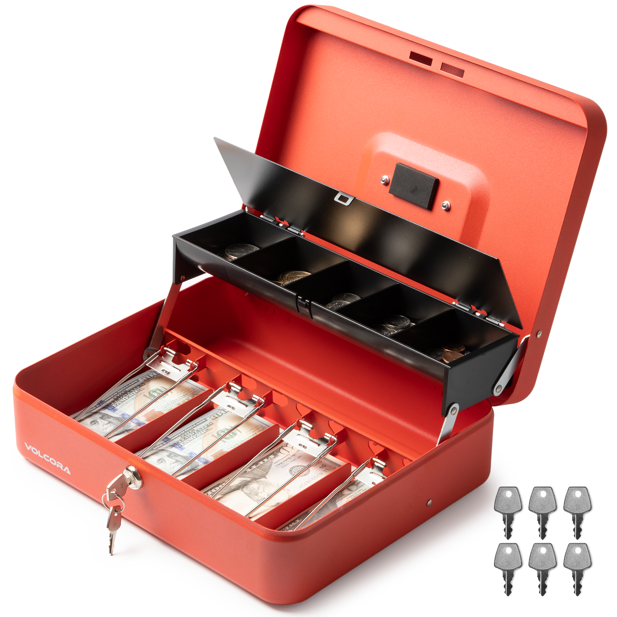 Volcora Cash Box with Key Lock - Steel Tiered Money Coin Tray with Lid Cover and Bill Slots