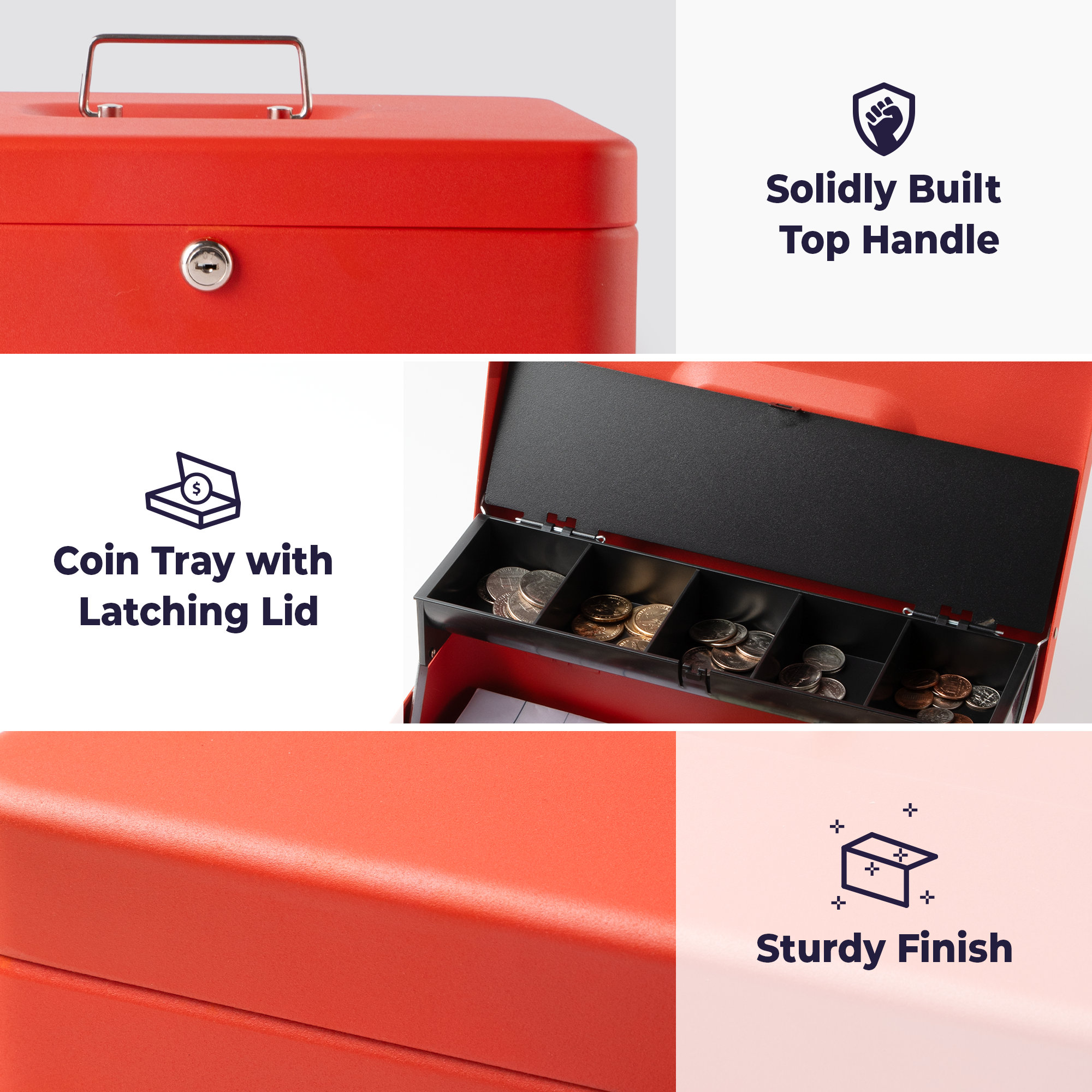 Volcora Cash Box with Key Lock - Steel Tiered Money Coin Tray with Lid Cover and Bill Slots