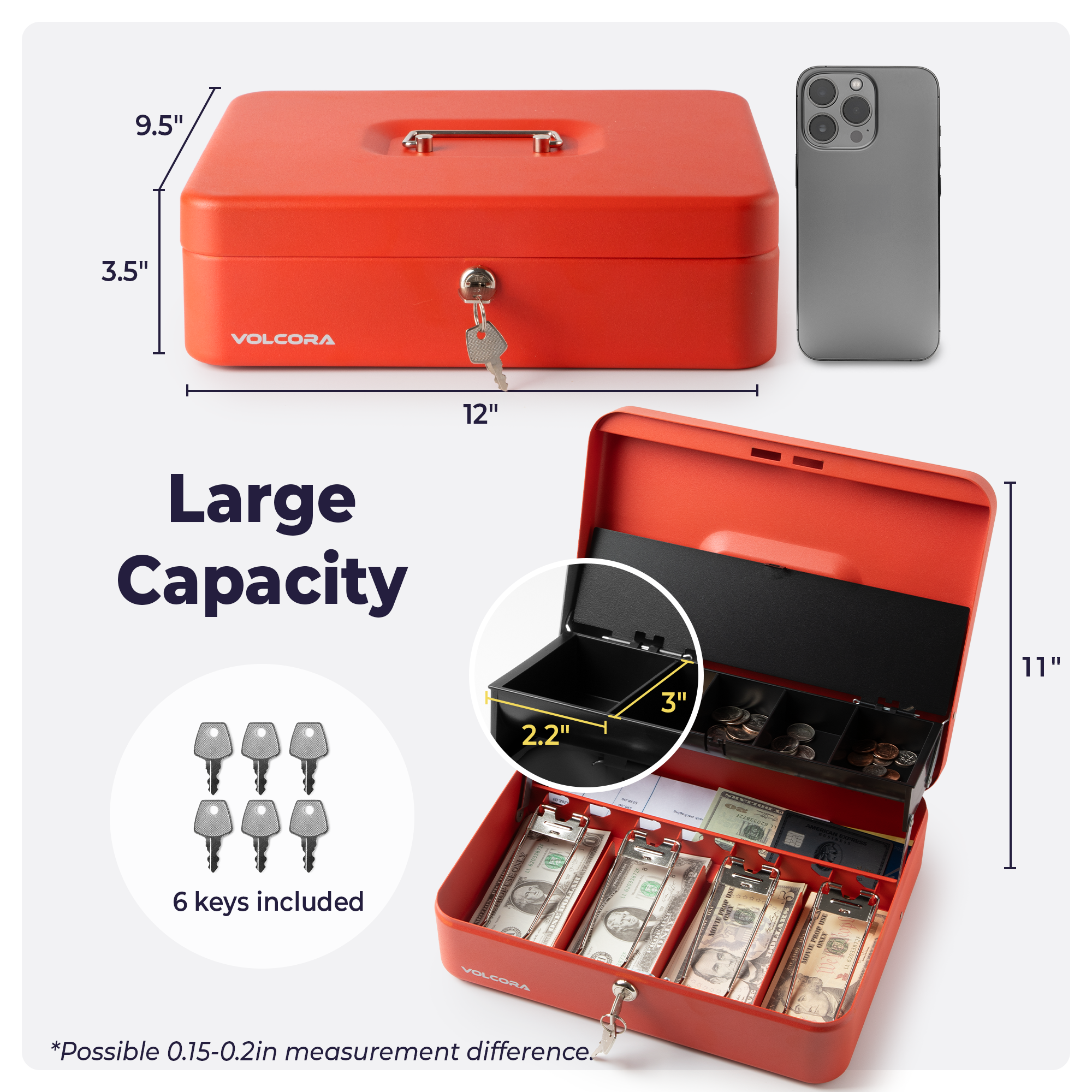 Volcora Cash Box with Key Lock - Steel Tiered Money Coin Tray with Lid Cover and Bill Slots