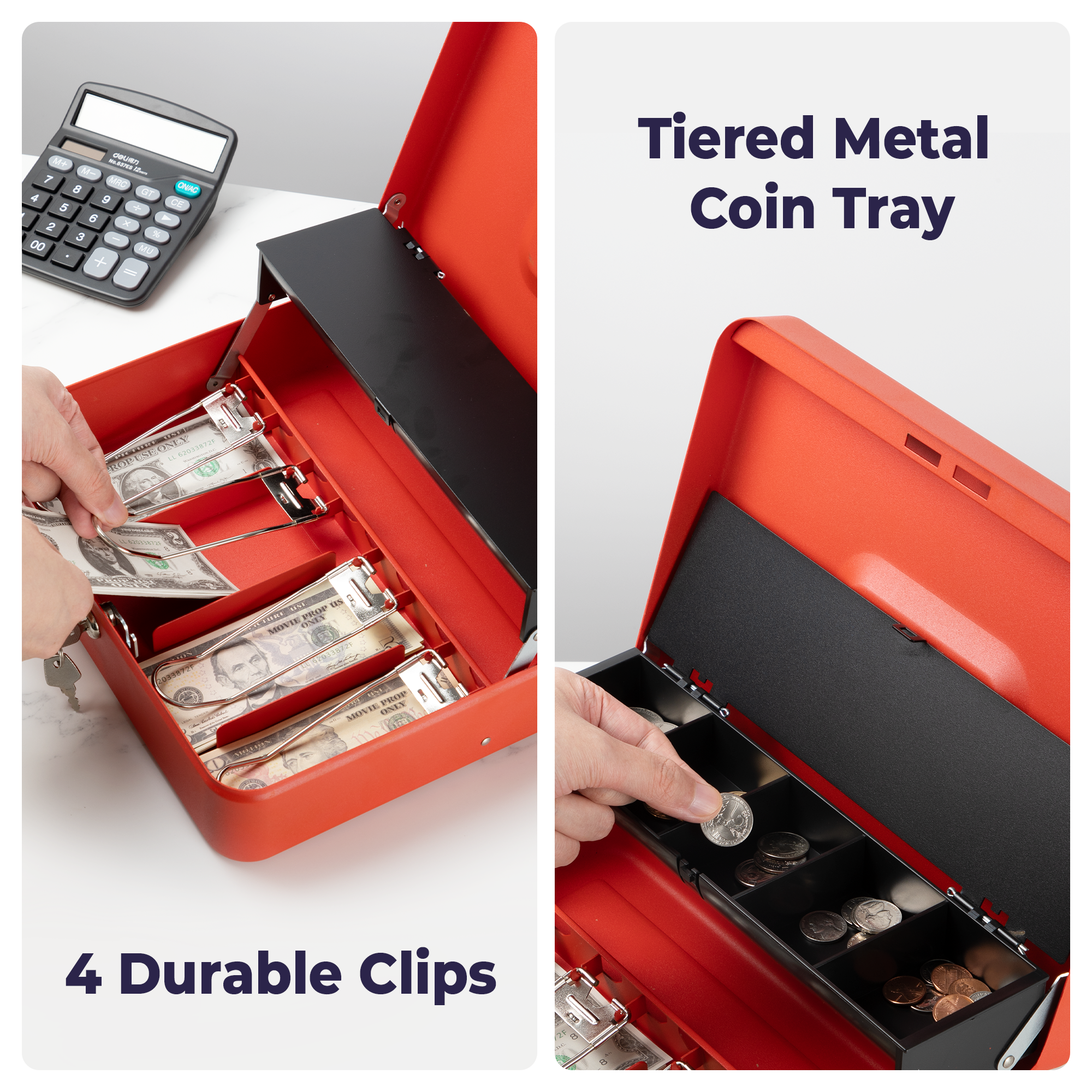 Volcora Cash Box with Key Lock - Steel Tiered Money Coin Tray with Lid Cover and Bill Slots