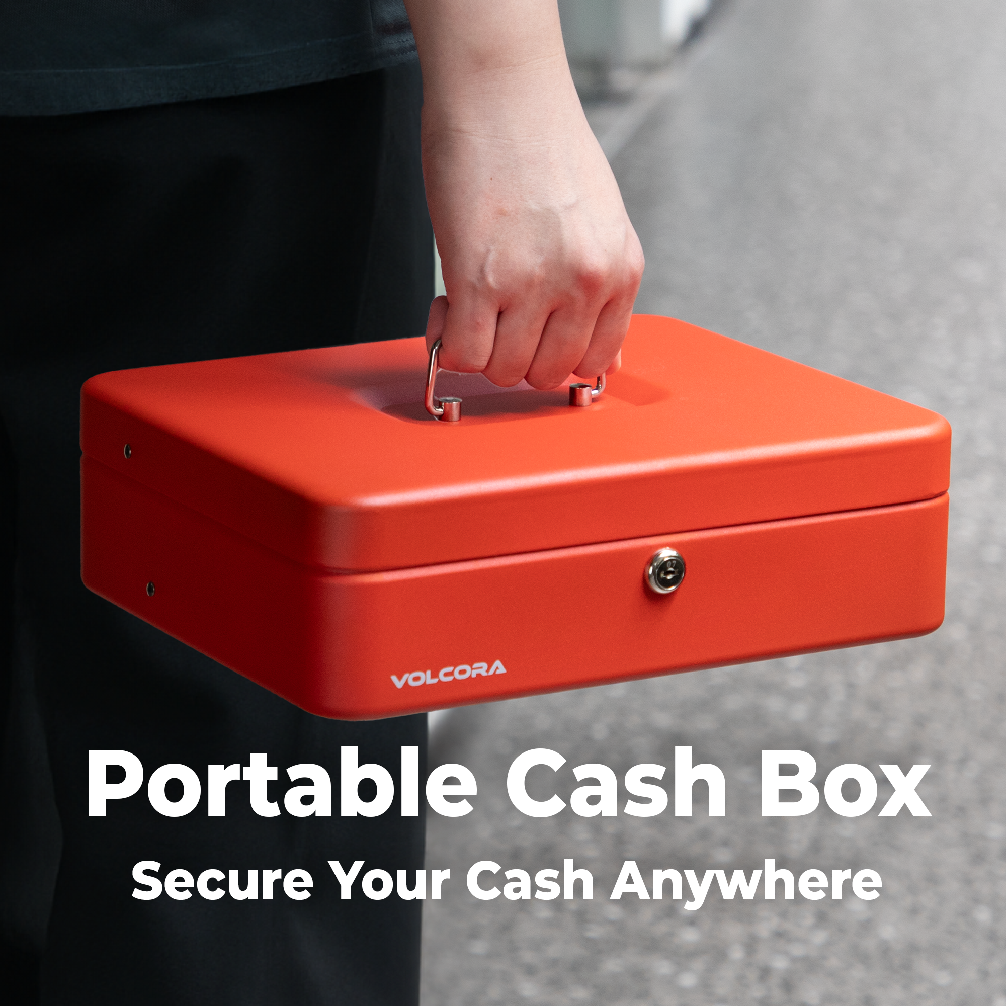 Volcora Cash Box with Key Lock - Steel Tiered Money Coin Tray with Lid Cover and Bill Slots