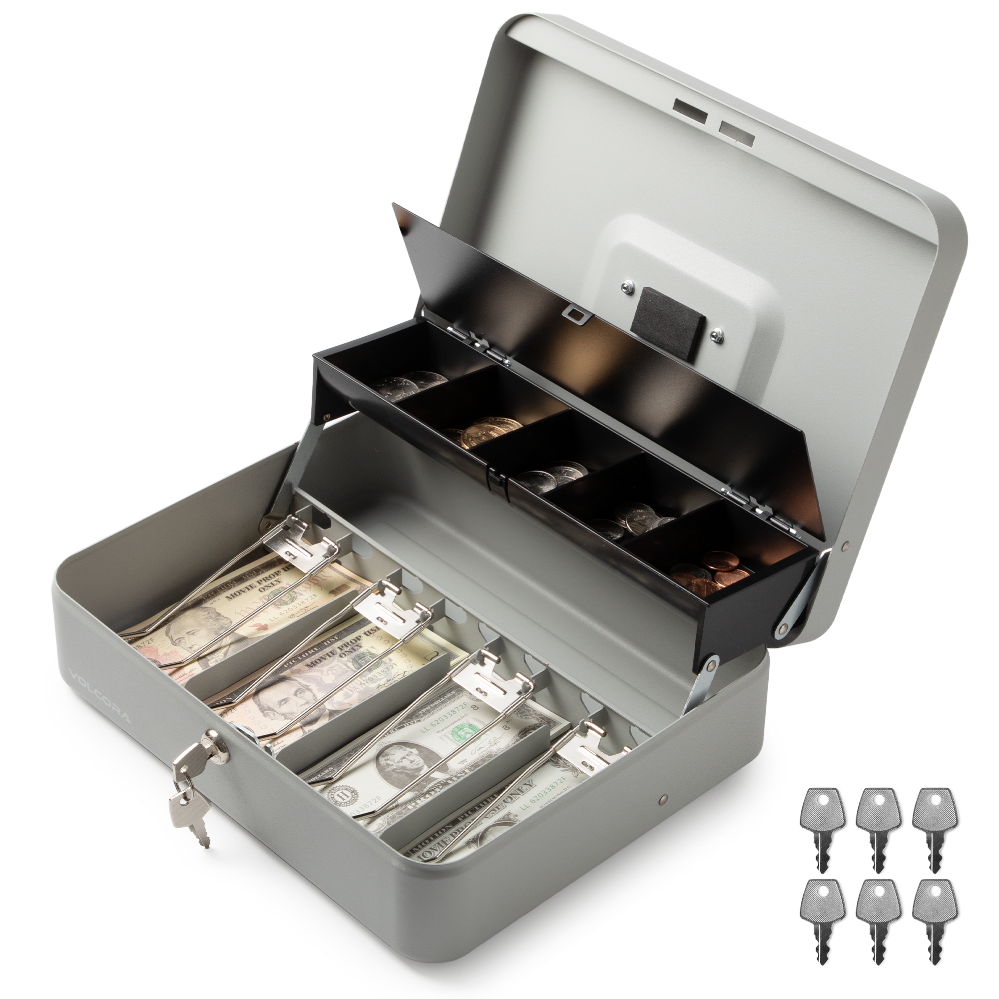 Volcora Cash Box with Key Lock - Steel Tiered Money Coin Tray with Lid Cover and Bill Slots