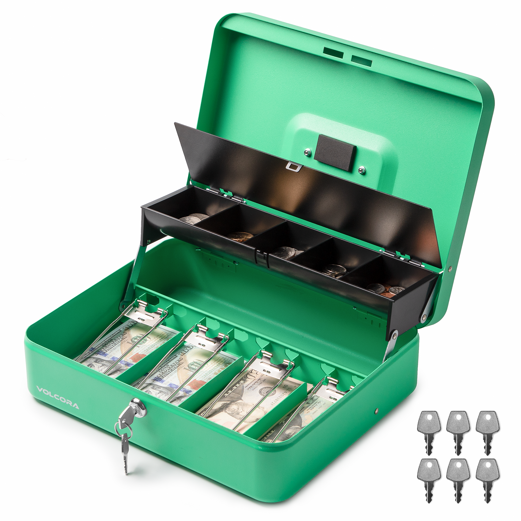 Volcora Cash Box with Key Lock - Steel Tiered Money Coin Tray with Lid Cover and Bill Slots
