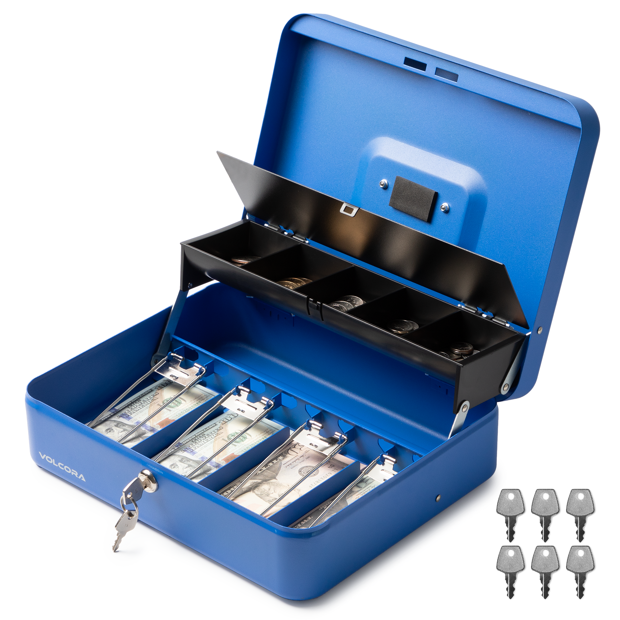 Volcora Cash Box with Key Lock - Steel Tiered Money Coin Tray with Lid Cover and Bill Slots