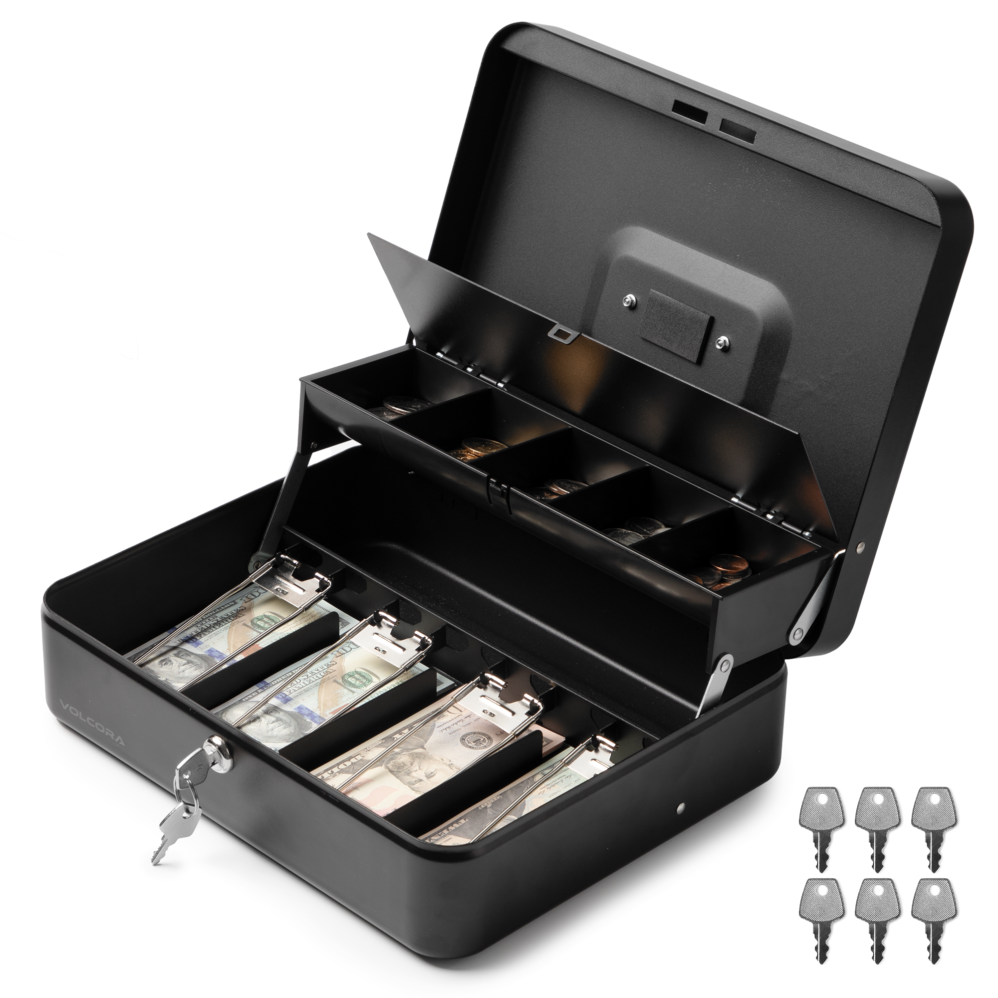 Volcora Cash Box with Key Lock - Steel Tiered Money Coin Tray with Lid Cover and Bill Slots