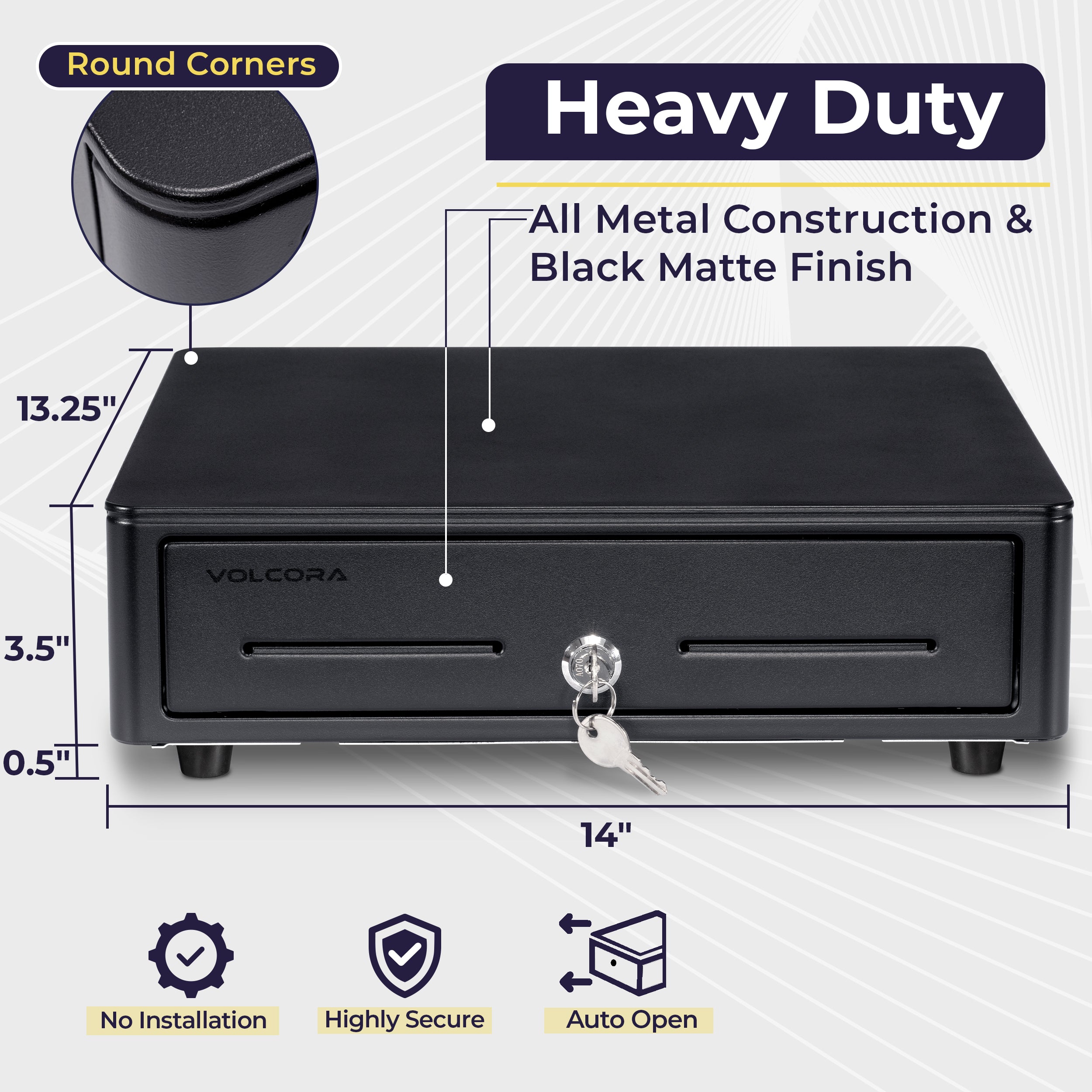 Volcora 13" Mini Automatic Open Cash Drawer with Round Corners
