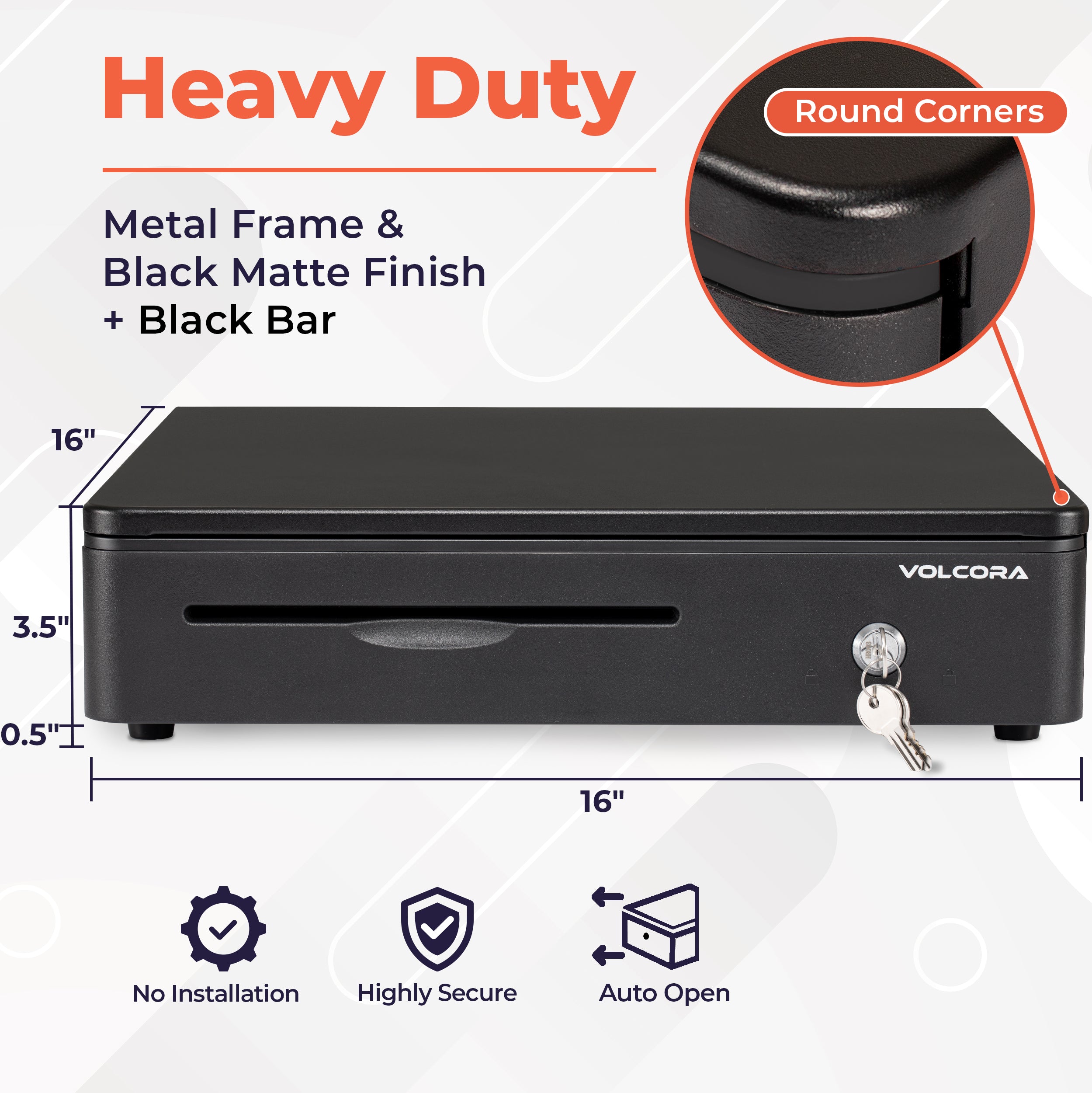 Volcora 16" Automatic Open Cash Drawer with Front Round Corner