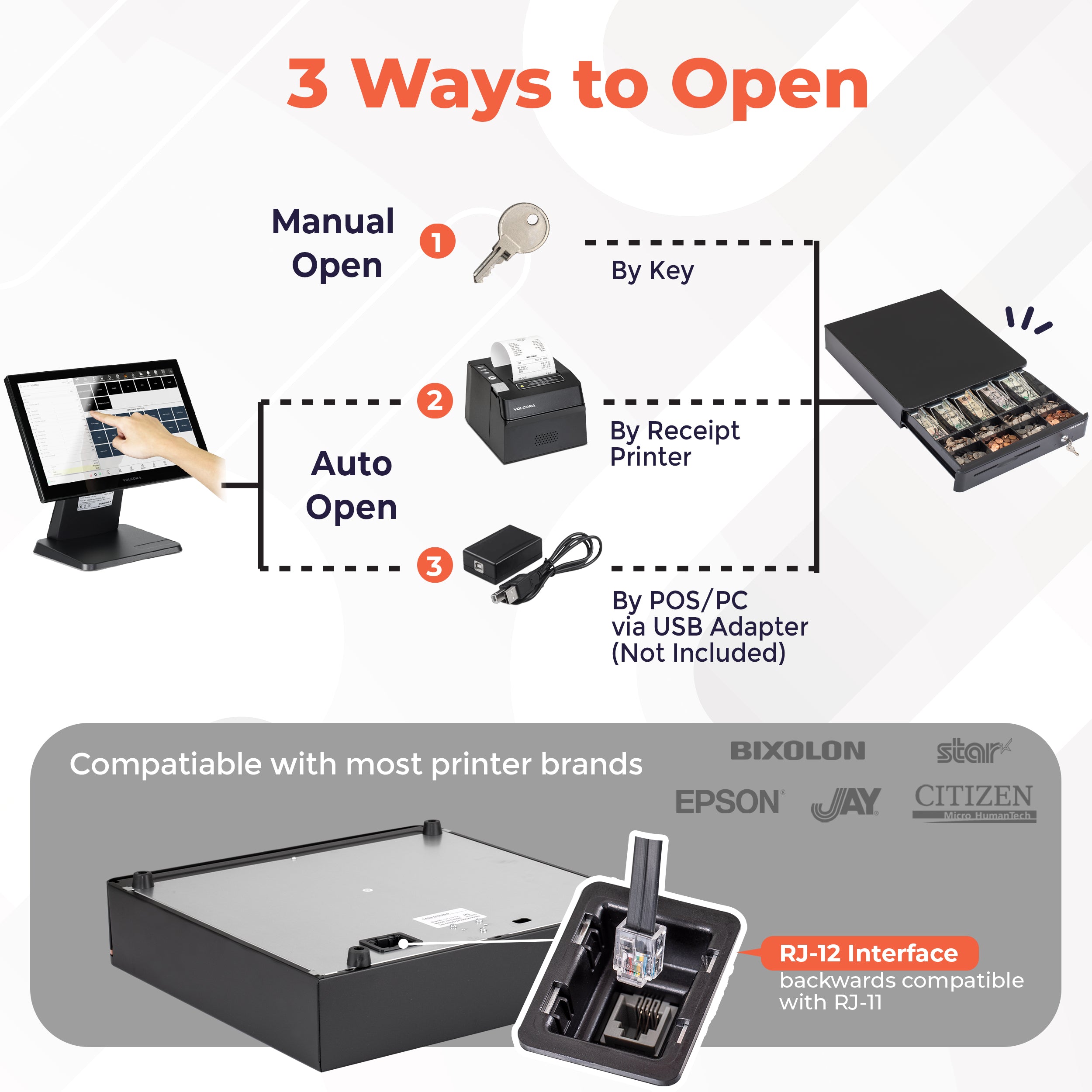 Volcora 16" Automatic Open Cash Drawer with Front Round Corner