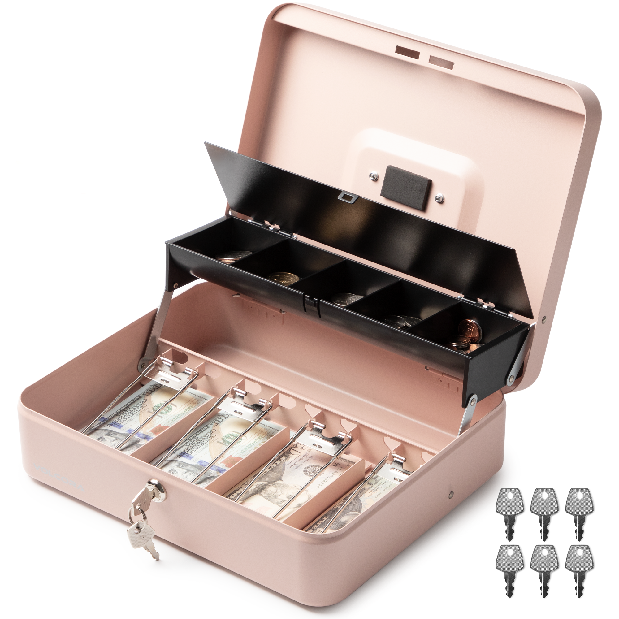 Volcora Cash Box with Key Lock - Steel Tiered Money Coin Tray with Lid Cover and Bill Slots