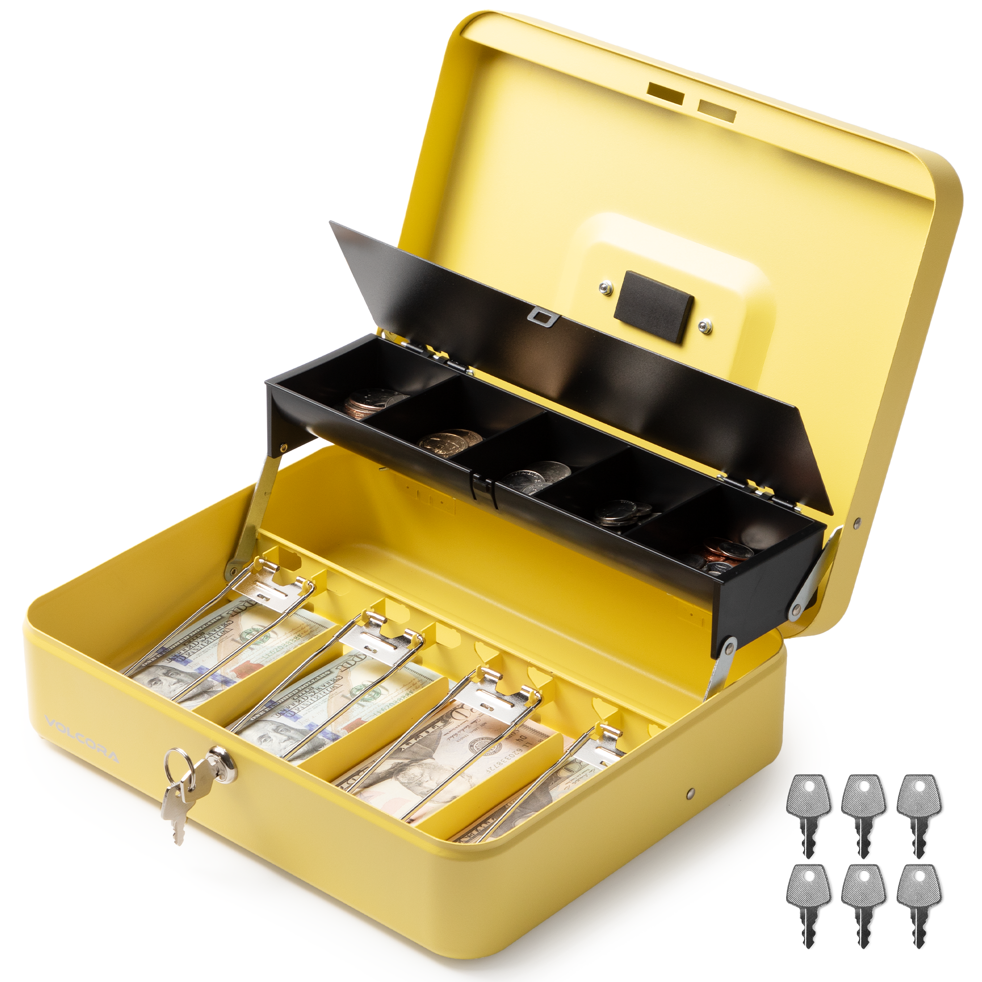 Volcora Cash Box with Key Lock - Steel Tiered Money Coin Tray with Lid Cover and Bill Slots