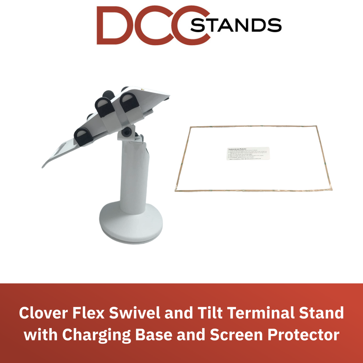 Clover Flex Screw Mounted Swivel and Tilt Stand with Charging Base and Screen Protector Bundle (White) for C410U POS