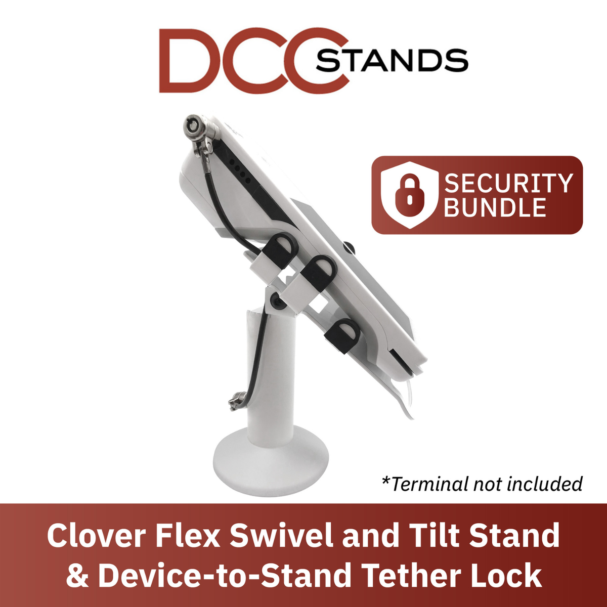 Clover Flex Swivel and Tilt Stand with Device to Stand Security Tether Lock, Two Keys 8" (White) for C401U POS