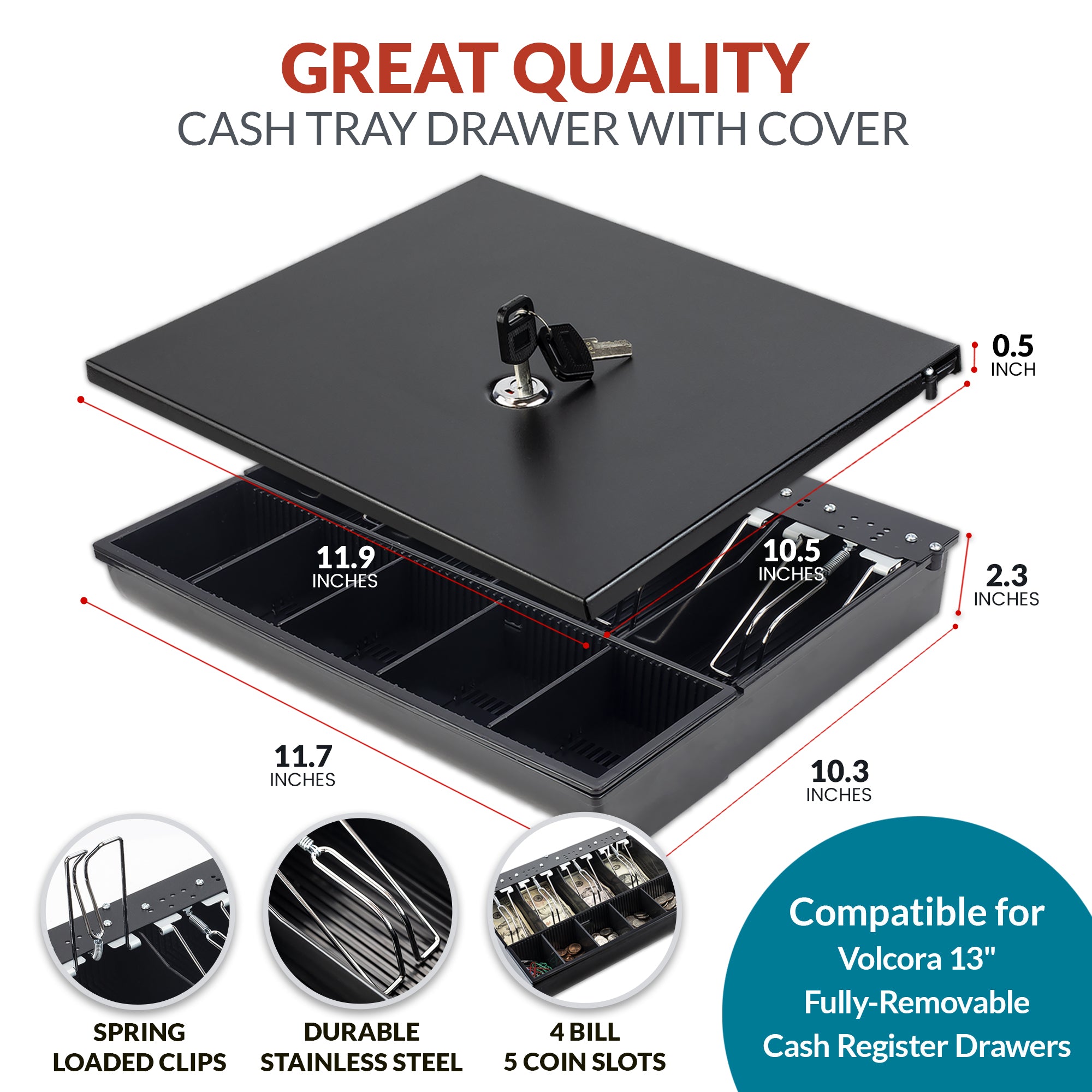 Volcora 13'' Cash Drawer Tray - 11.7 x 10.3 x 2.3 Inch, 4 Bill / 5 Coin - With Locking Cover