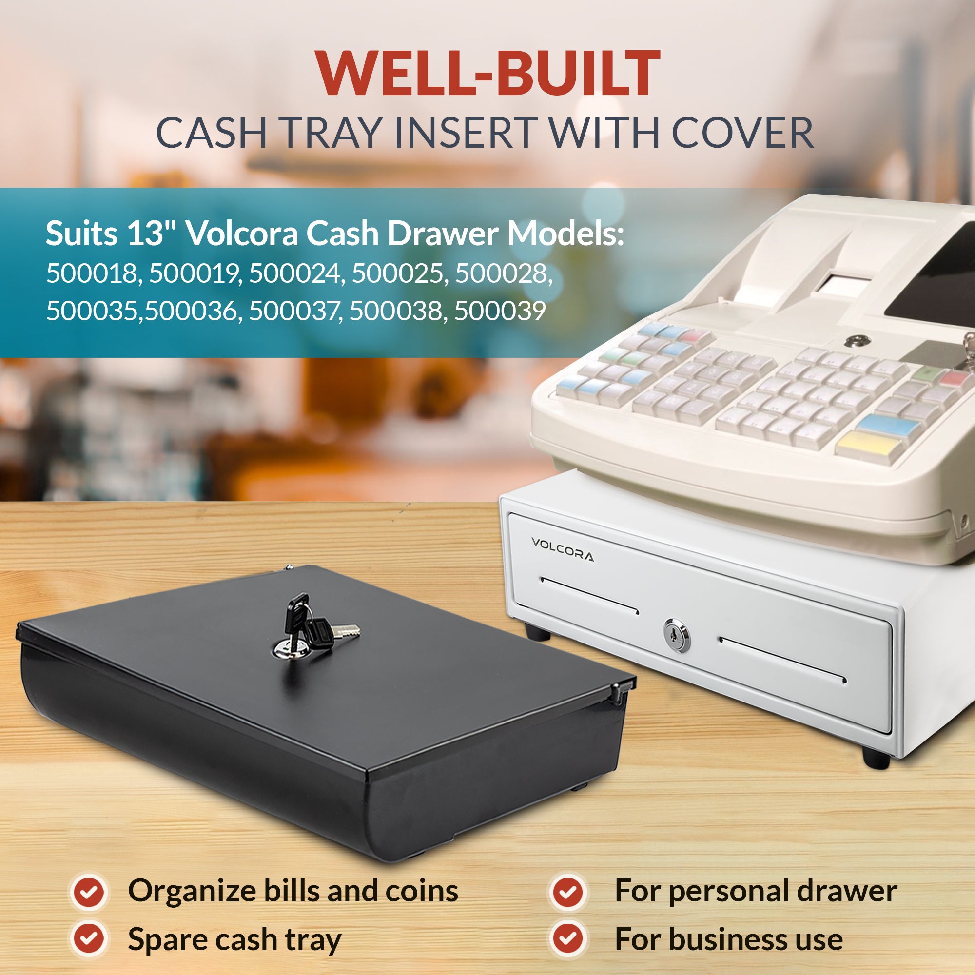 Volcora 13'' Cash Drawer Tray - 11.7 x 10.3 x 2.3 Inch, 4 Bill / 5 Coin - With Locking Cover