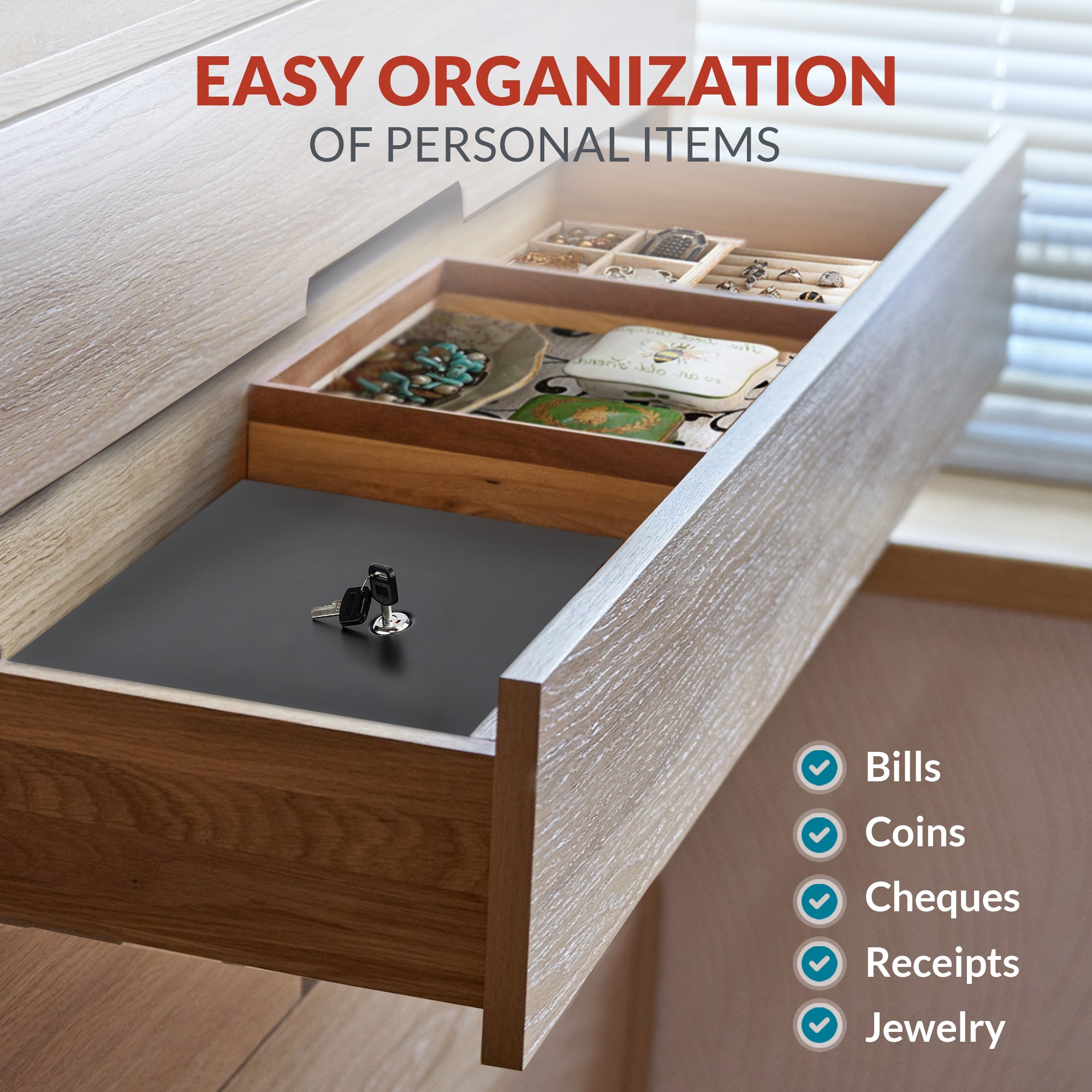 Volcora 13'' Cash Drawer Tray - 11.7 x 10.3 x 2.3 Inch, 4 Bill / 5 Coin - With Locking Cover