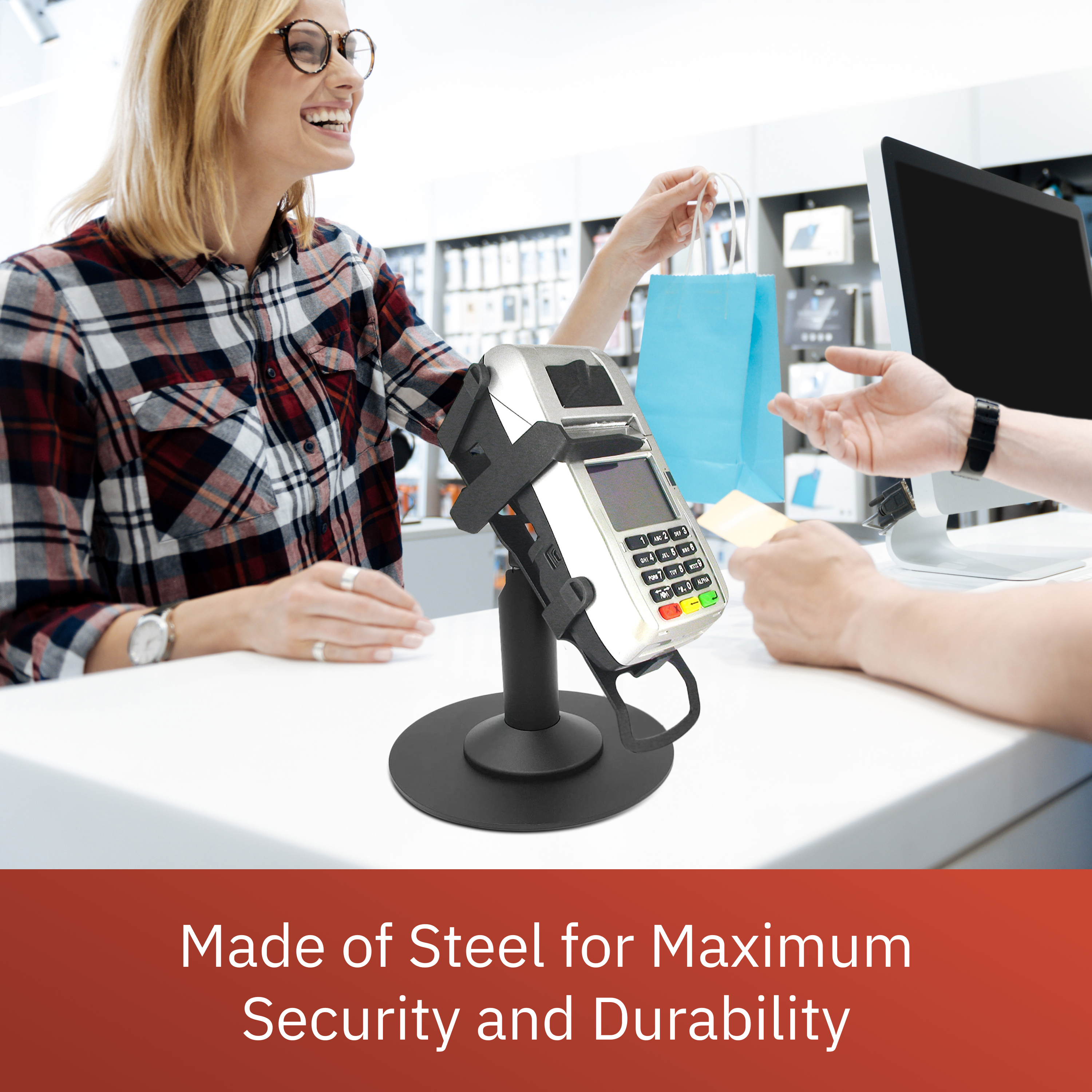 First Data FD130 / FD150 Key Locking Freestanding Swivel and Tilt Stand with Round Plate