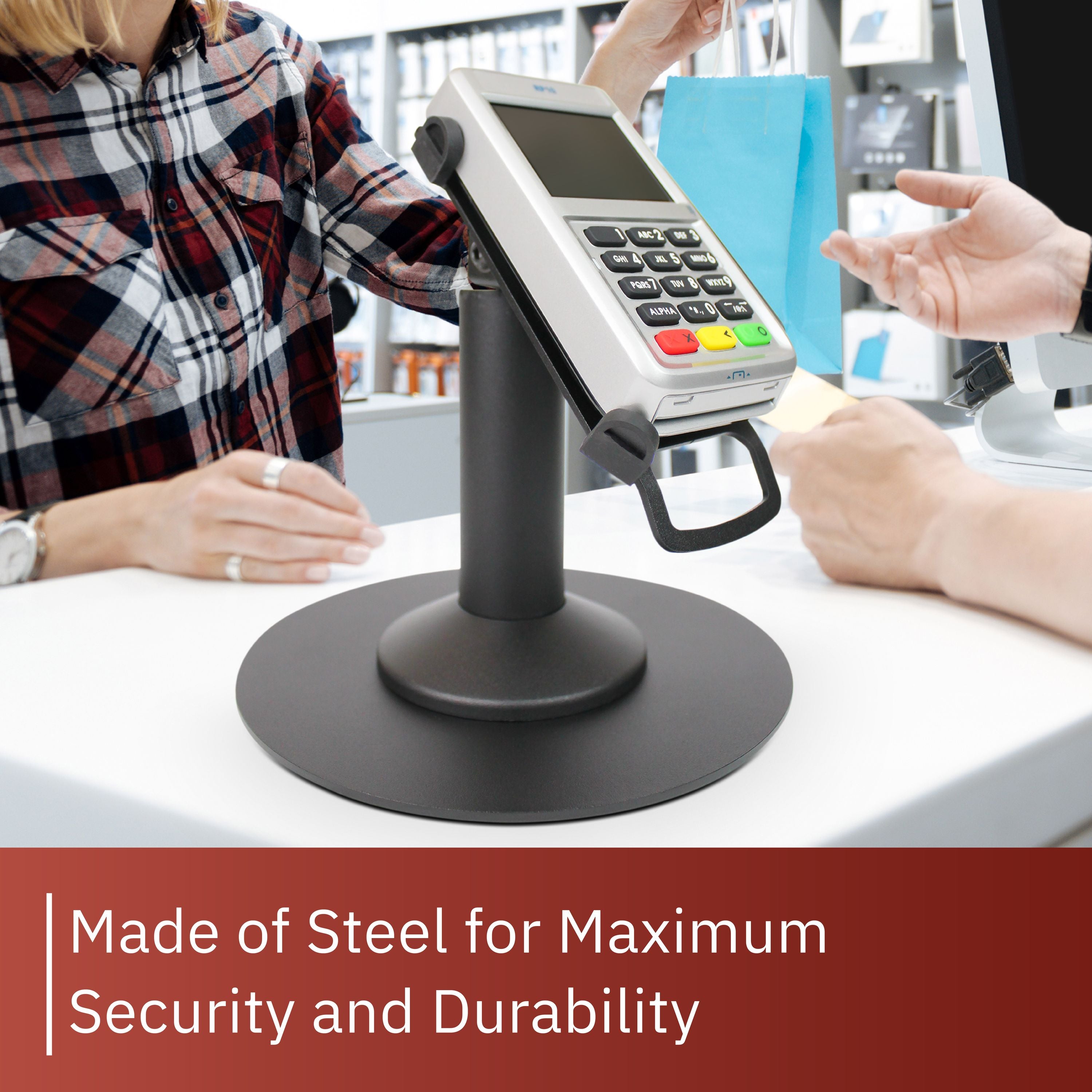 First Data RP10 PIN Pad Freestanding Swivel and Tilt Metal Stand with Round Plate - DCCSUPPLY.COM