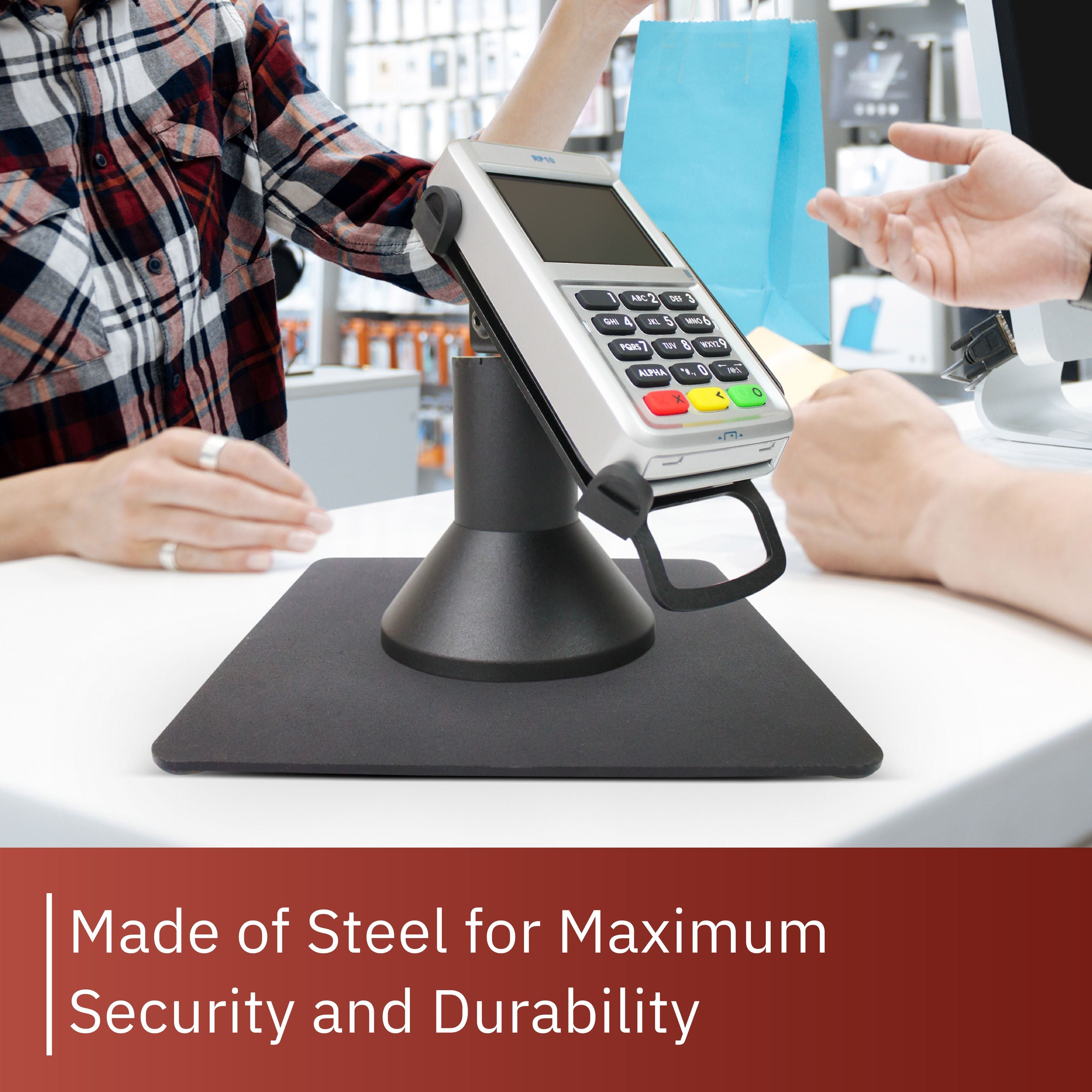 First Data RP10 Low Profile Swivel and Tilt Freestanding Metal Stand with Square Plate - DCCSUPPLY.COM