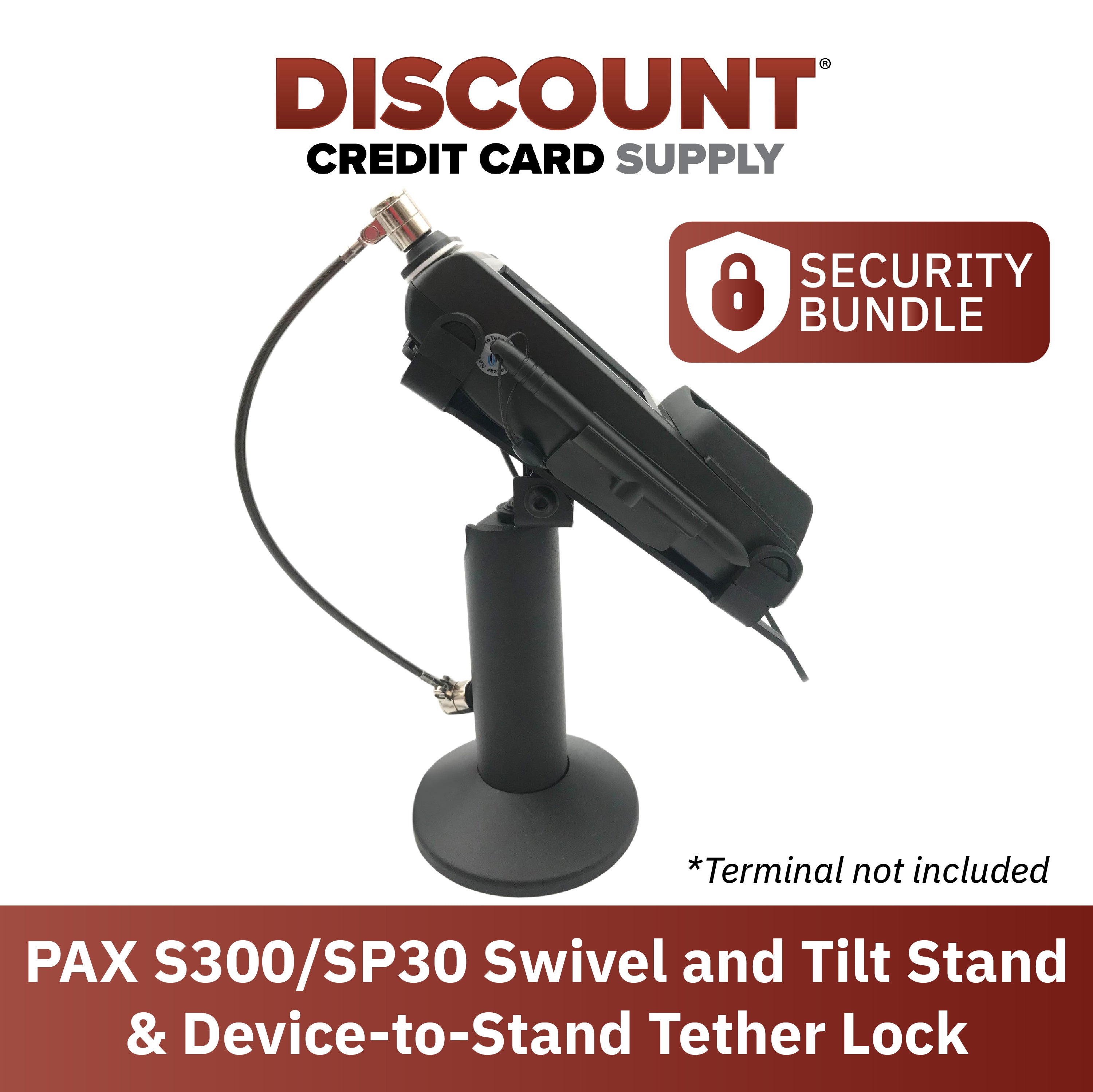 PAX S300/SP30 Swivel and Tilt Terminal Stand with Device to Stand Security Tether Lock, Two Keys 8" (Black) - DCCSUPPLY.COM