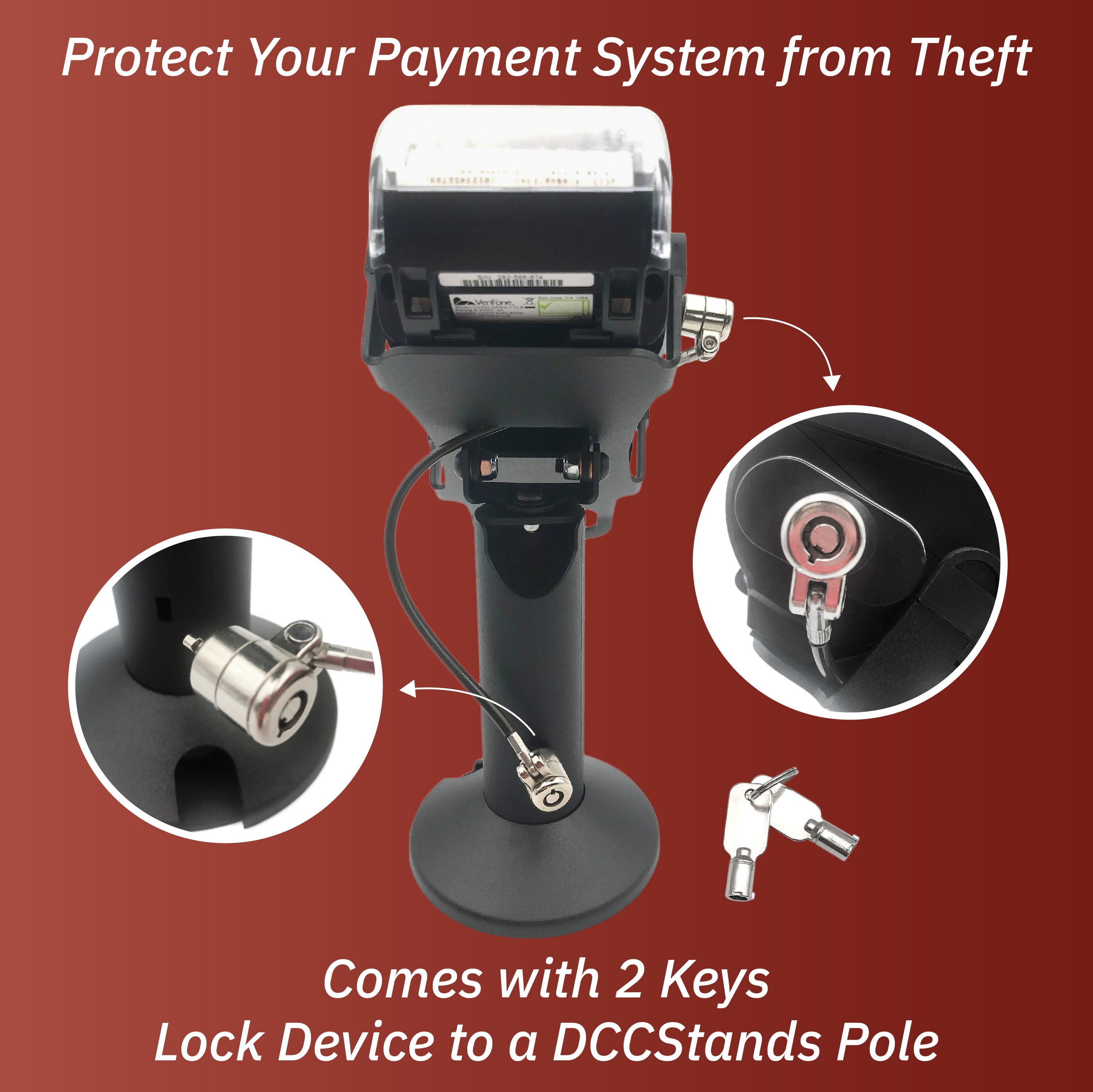 Verifone Vx520 Black Swivel and Tilt Terminal Stand with Device to Stand Security Tether Lock, Two Keys 8" (Black) - DCCSUPPLY.COM