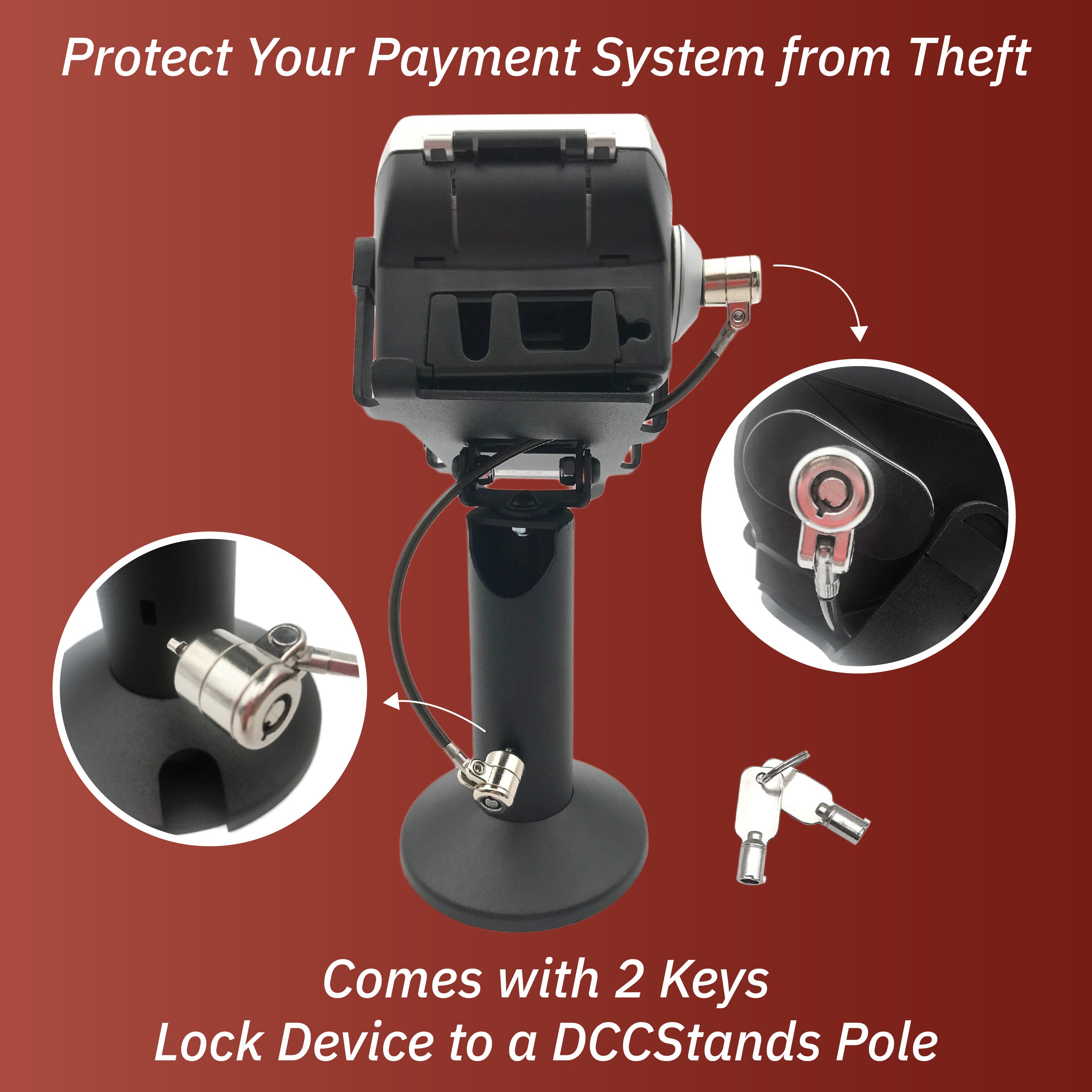 First Data FD150 Swivel and Tilt Terminal Stand with Device to Stand Security Tether Lock, Two Keys 8" (Black) - DCCSUPPLY.COM