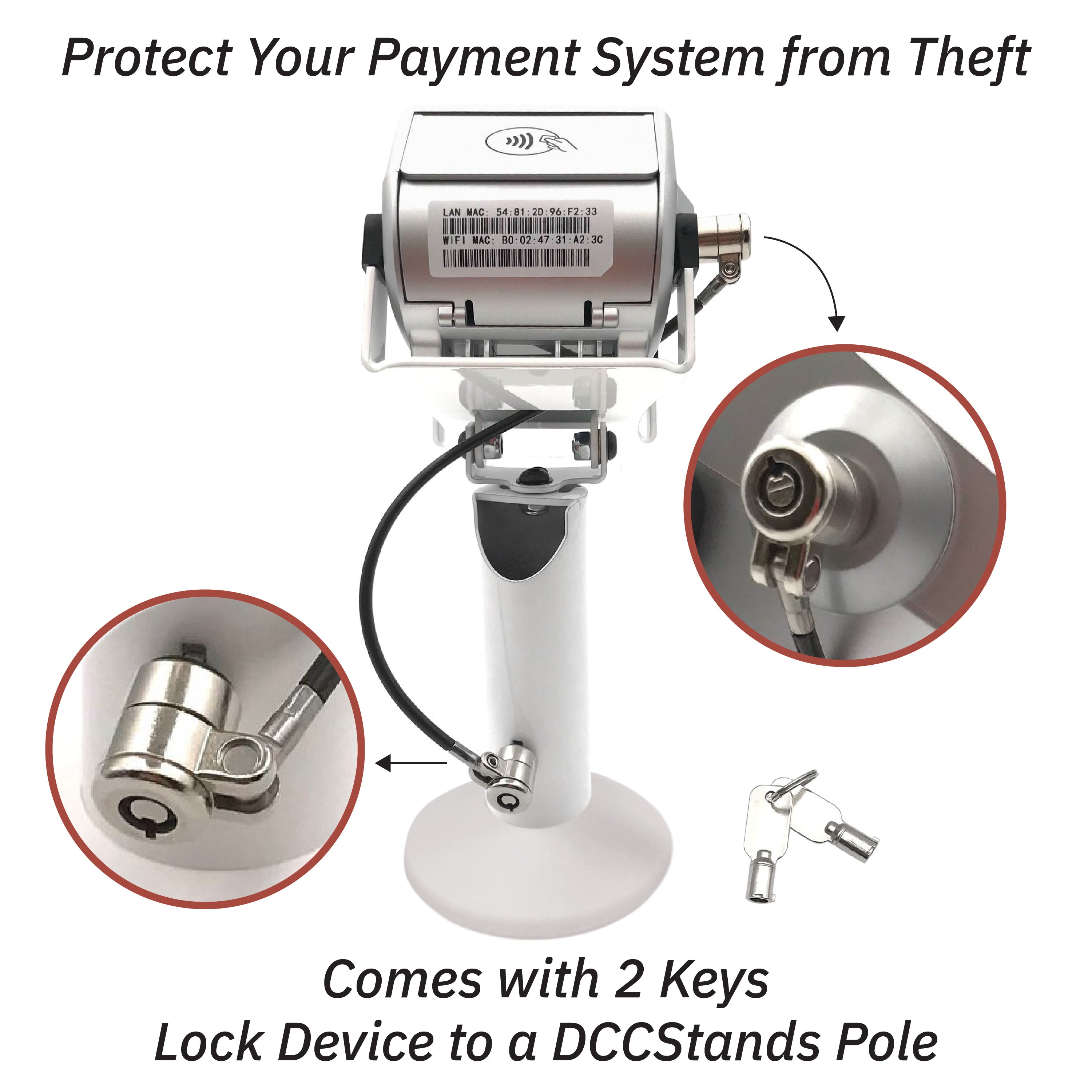 PAX A80 White Swivel and Tilt Terminal Stand and Device to Stand Security Tether Lock, Two Keys 8" (Black) - DCCSUPPLY.COM