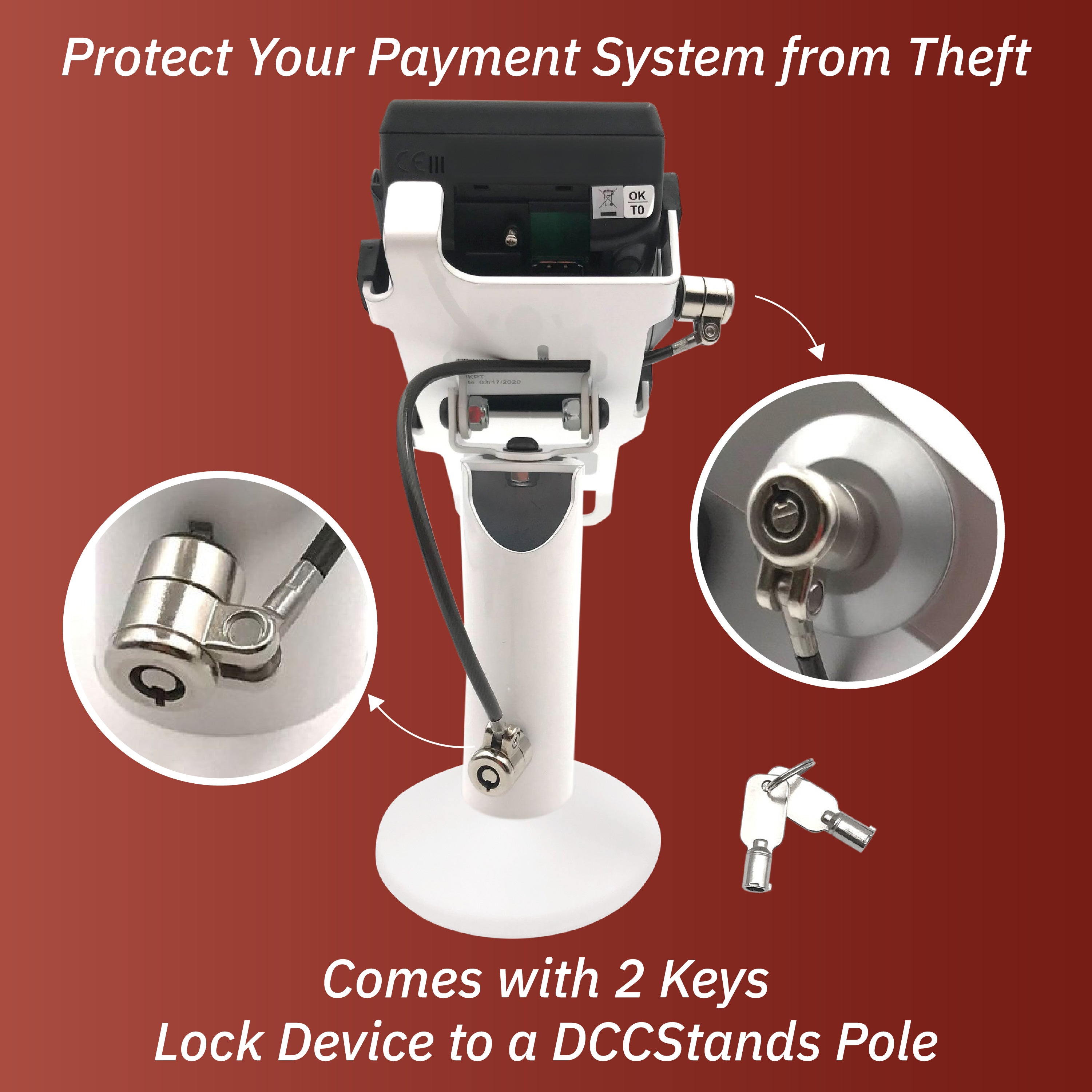 Dejavoo Z3/Z6 White Swivel and Tilt Stand with Device to Stand Security Tether Lock, Two Keys 8" (White) - DCCSUPPLY.COM