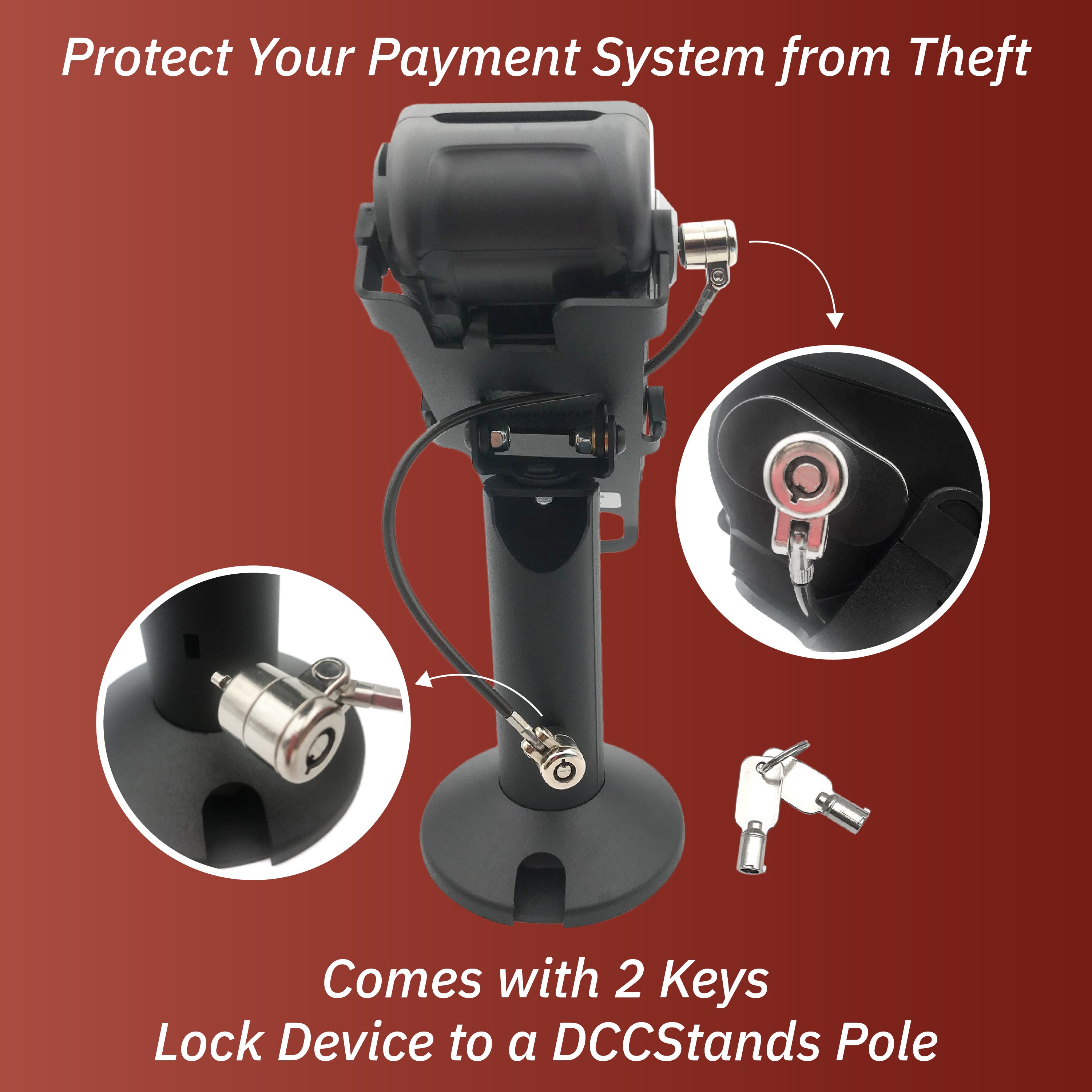 Verifone V200/V400 Black Swivel and Tilt Terminal Stand with Device to Stand Security Tether Lock, Two Keys 8" (Black) - DCCSUPPLY.COM