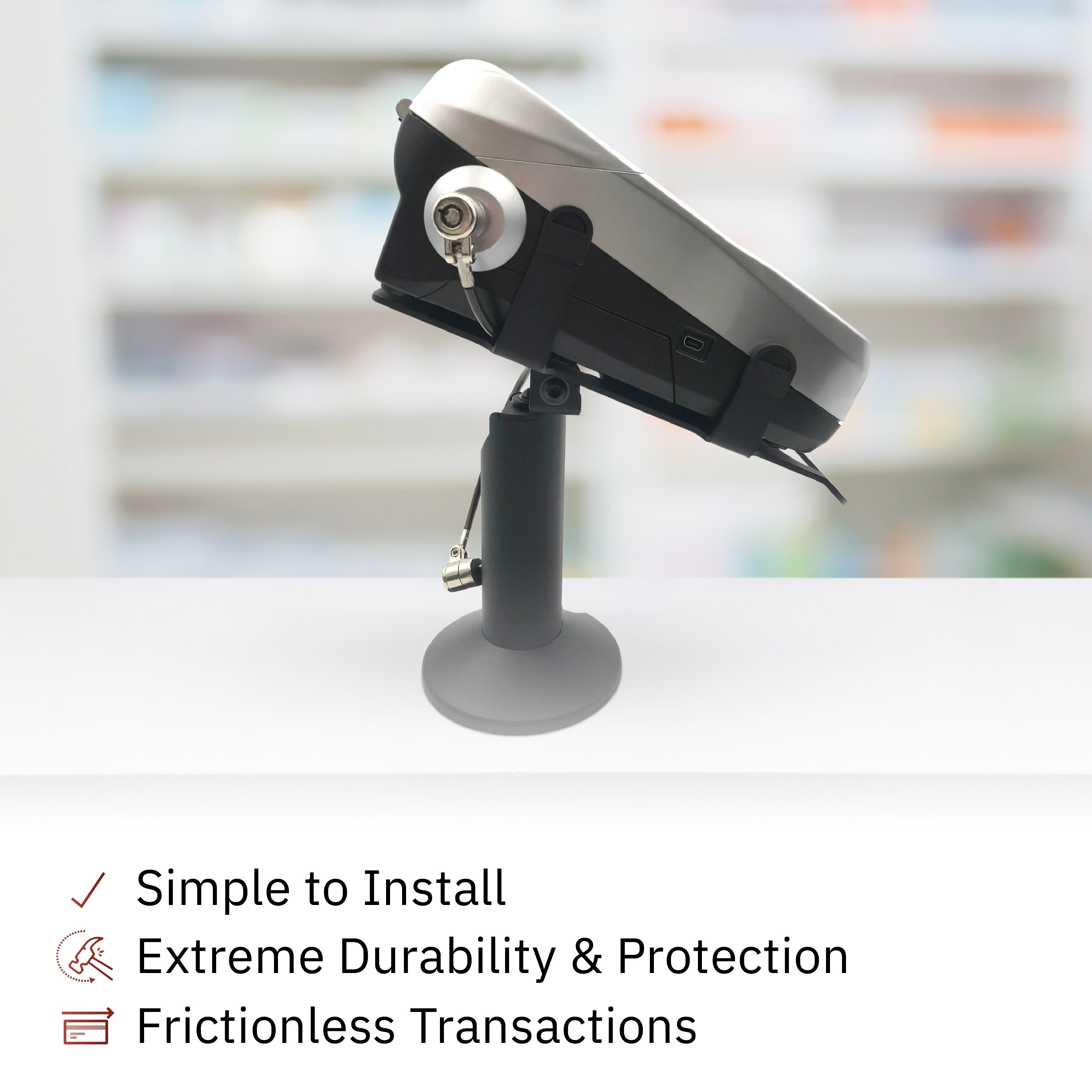 First Data FD150 Swivel and Tilt Terminal Stand with Device to Stand Security Tether Lock, Two Keys 8" (Black) - DCCSUPPLY.COM