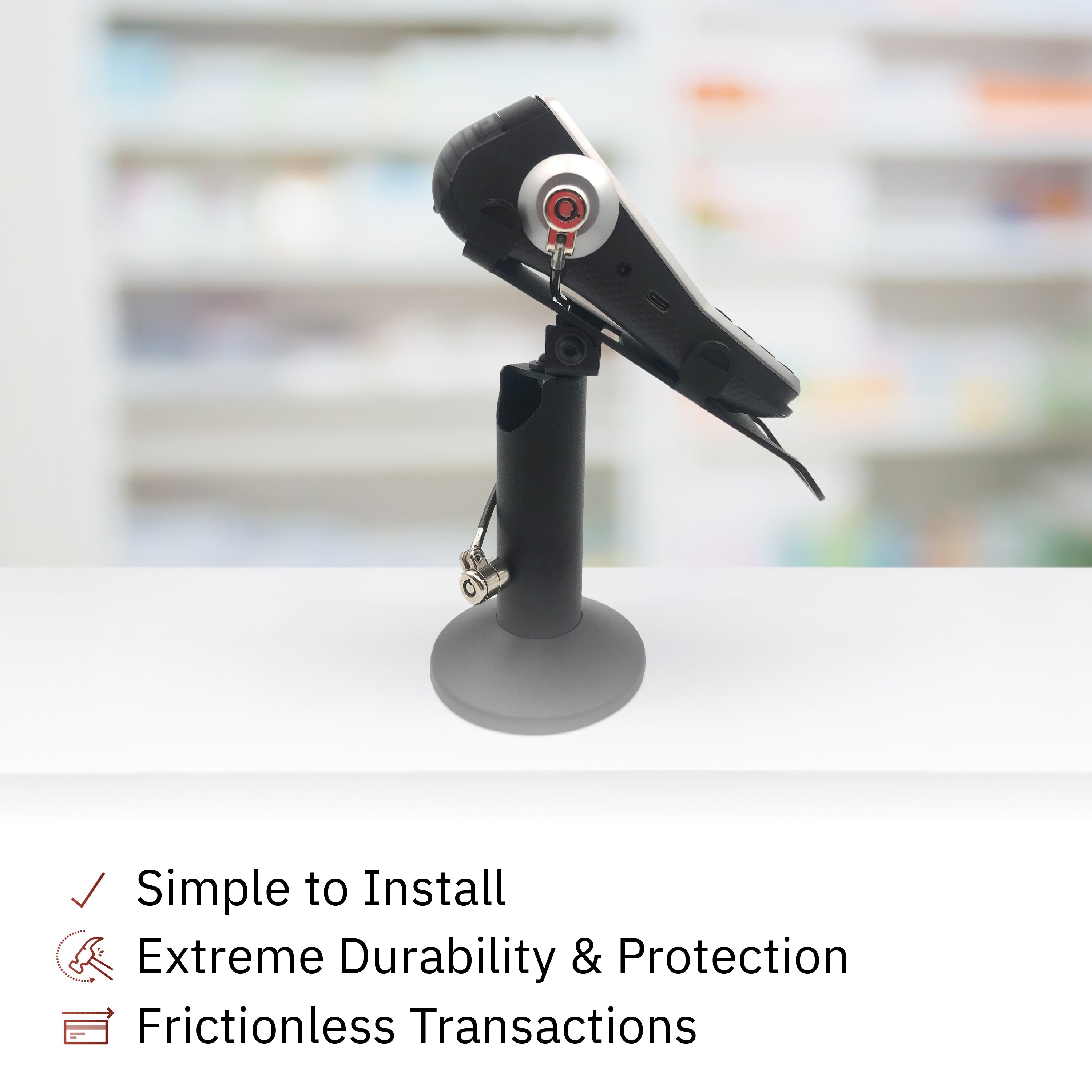 Verifone V400M Black Swivel and Tilt Terminal Stand and Device to Stand Security Tether Lock, Two Keys 8" (Black) - DCCSUPPLY.COM