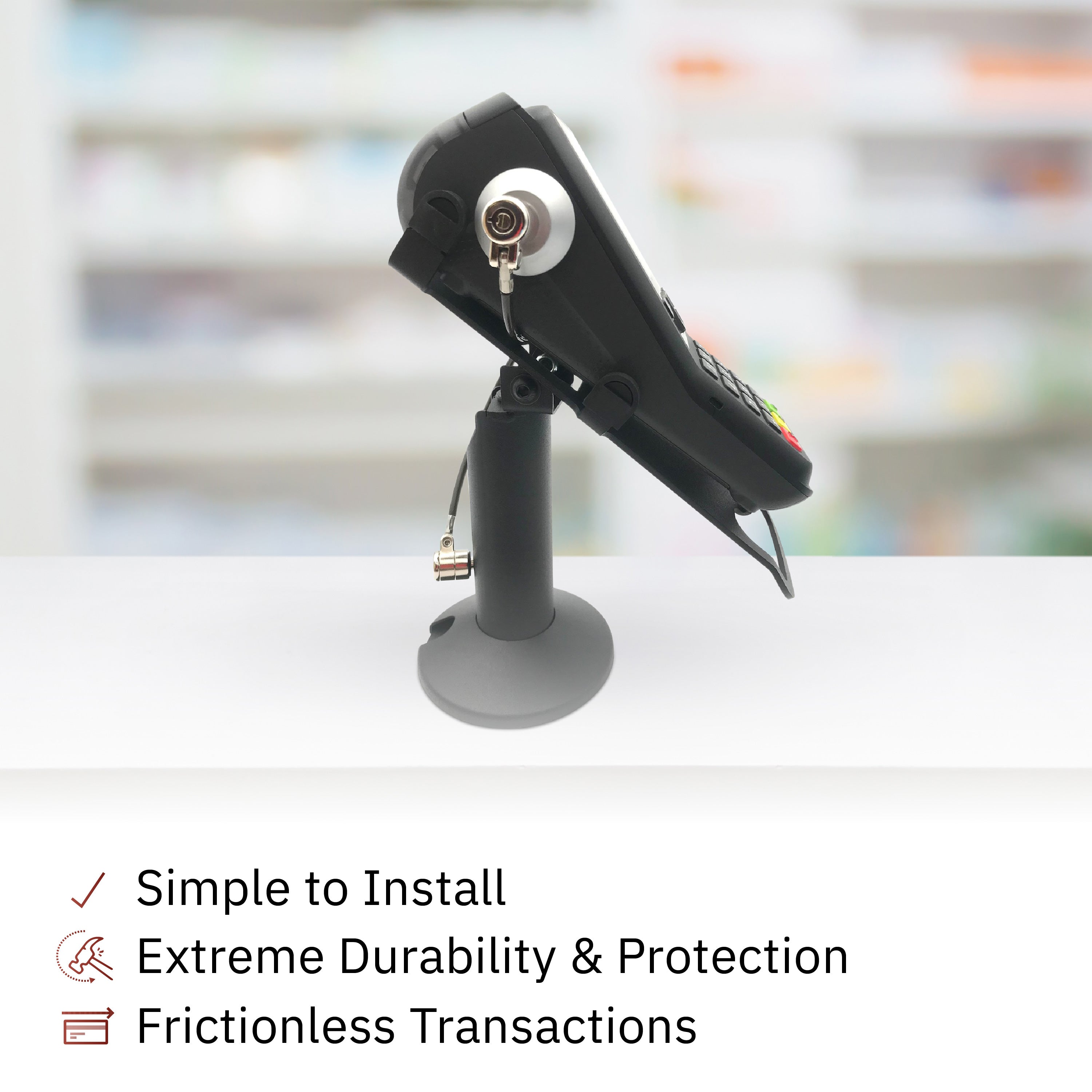 Verifone V200/V400 Black Swivel and Tilt Terminal Stand with Device to Stand Security Tether Lock, Two Keys 8" (Black) - DCCSUPPLY.COM
