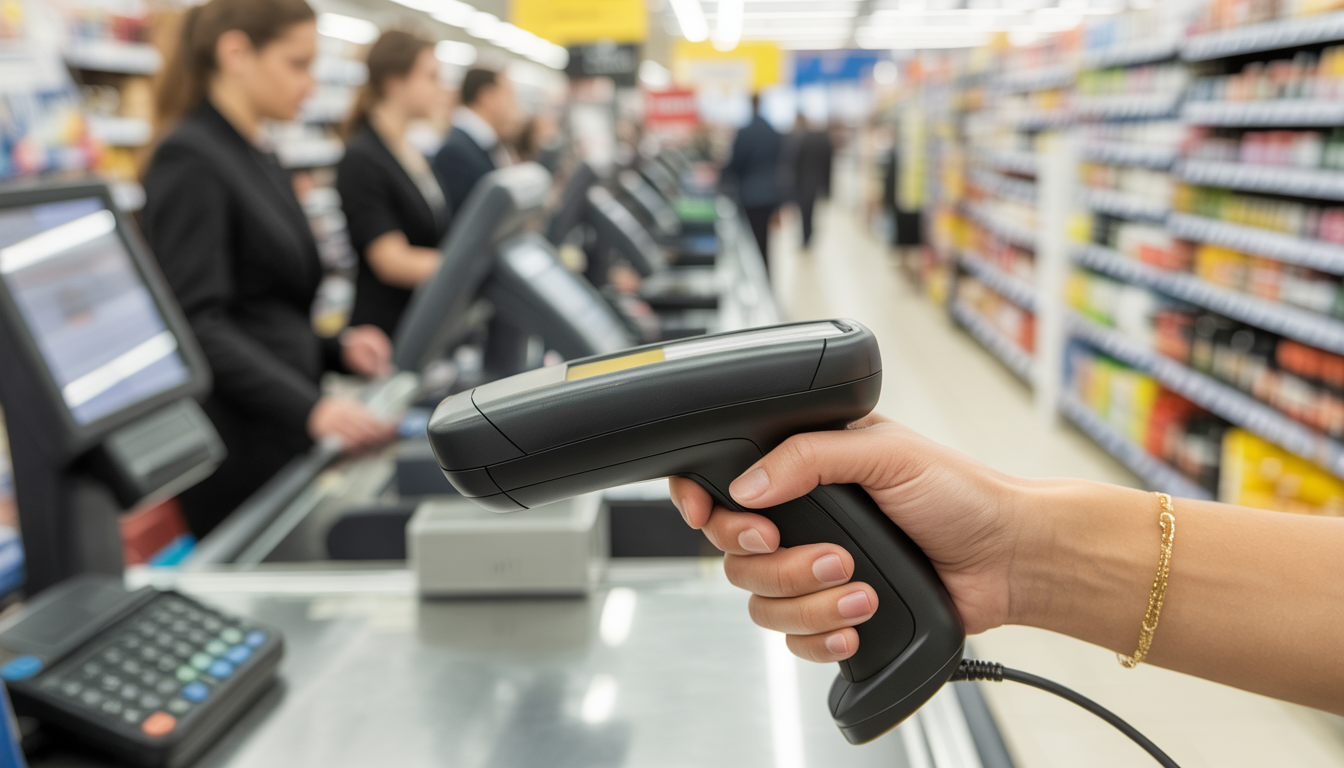 A handheld barcode scanner being used by a cashier at a retail checkout counter, with customers in line and shelves of products in the background.