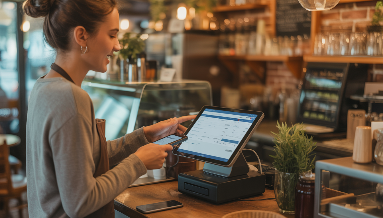 A small business owner using a cloud-based POS system on a tablet in a cozy cafe, interacting with a customer during a payment process.