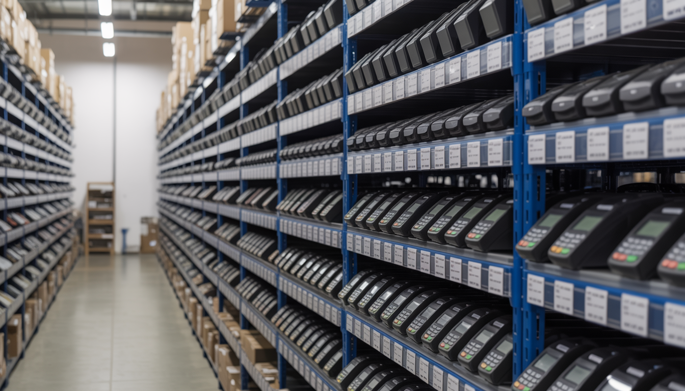 Warehouse shelves filled with organized payment devices, showing serialized tracking and efficient inventory management.