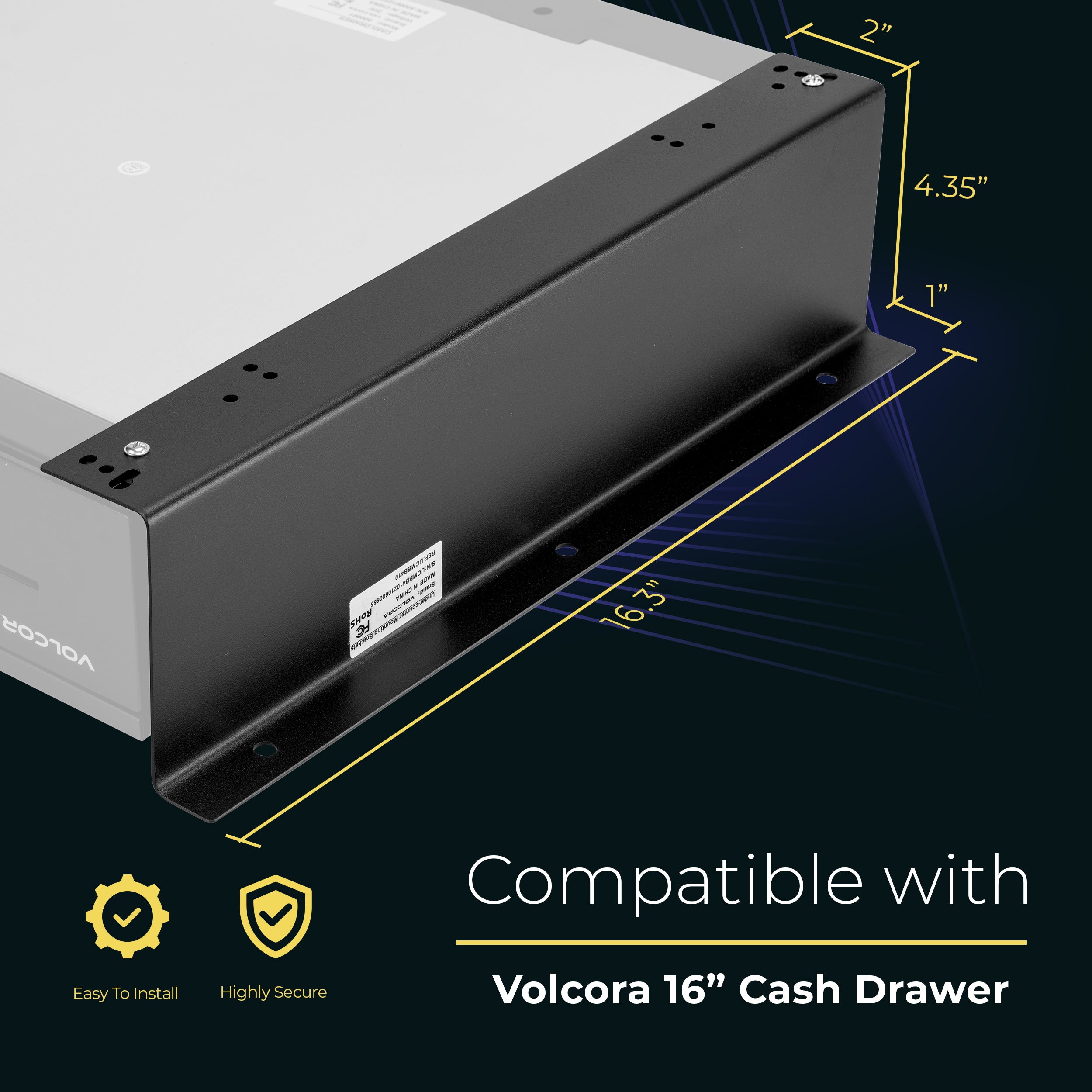 Volcora 16" x 5" x 2" Heavy Duty Steel Under Counter Mounting Bracket - Black