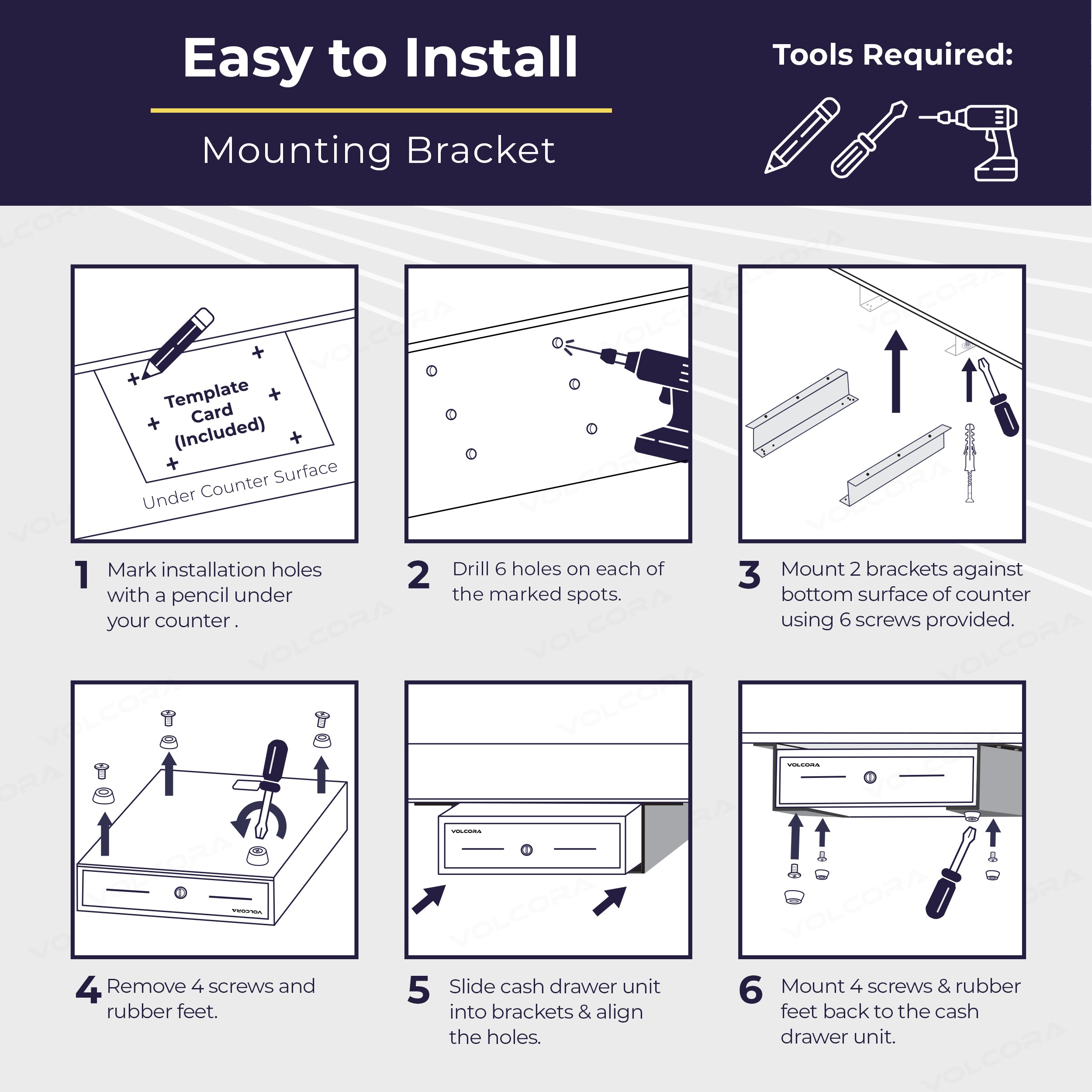 Volcora 16" x 5" x 2" Heavy Duty Steel Under Counter Mounting Bracket - Black