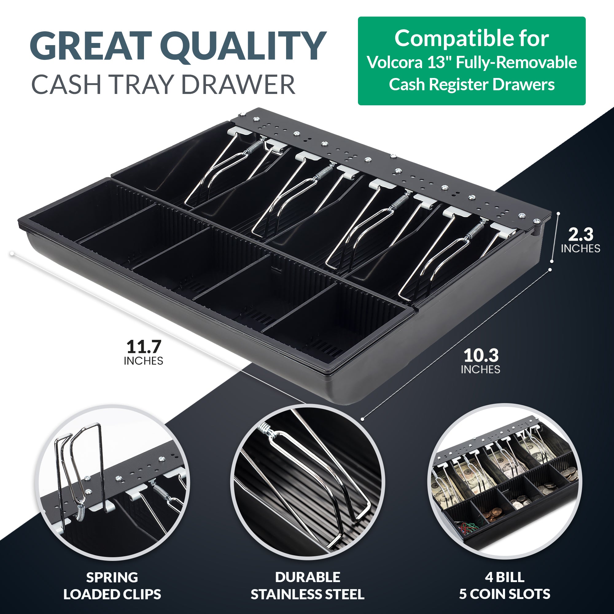 Volcora 13'' Cash Drawer Tray - 11.7 x 10.3 x 2.3 Inch, 4 Bill / 5 Coin - Without Locking Cover